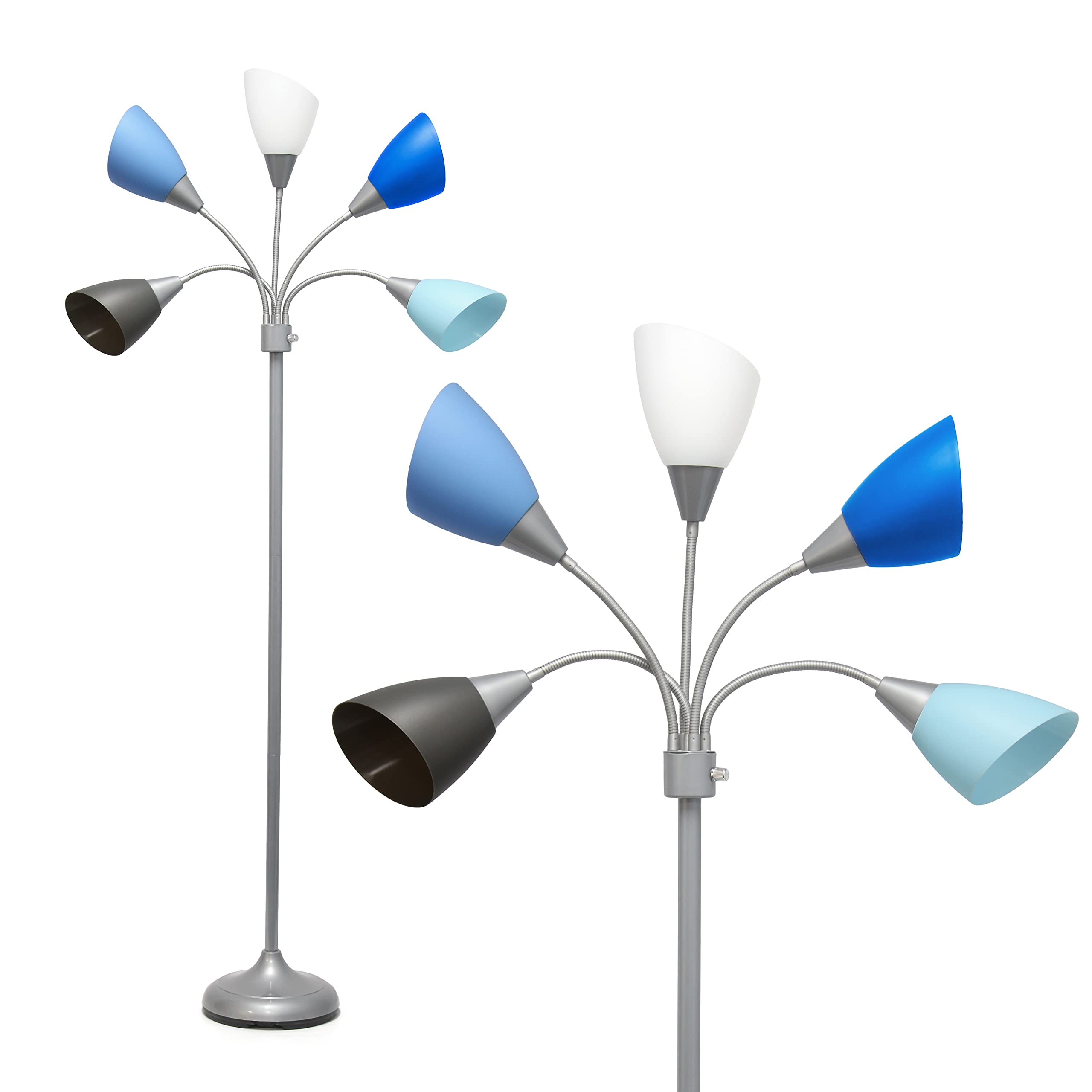 Simple Designs Lf2006-Sbg 67&quot; Contemporary Multi Head Medusa 5 Light Adjustable Gooseneck Silver Floor Lamp With Blue, White, Gray Shades For Kids Bedroom Playroom Living Room Office