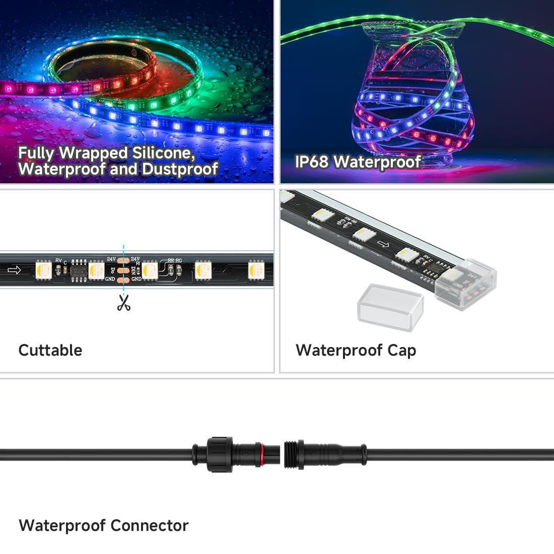 Btf-Lighting Ip68 Waterproof Outdoor Ws2814 Rgbw Ic Led Strip Rgb+Warm White(3000K)Addressable Dream Color 5050Smd Light Dc24V 16.4Ft 60Leds/M 10Pixels/M Can Work Under Water(No Adapter Or Controller)