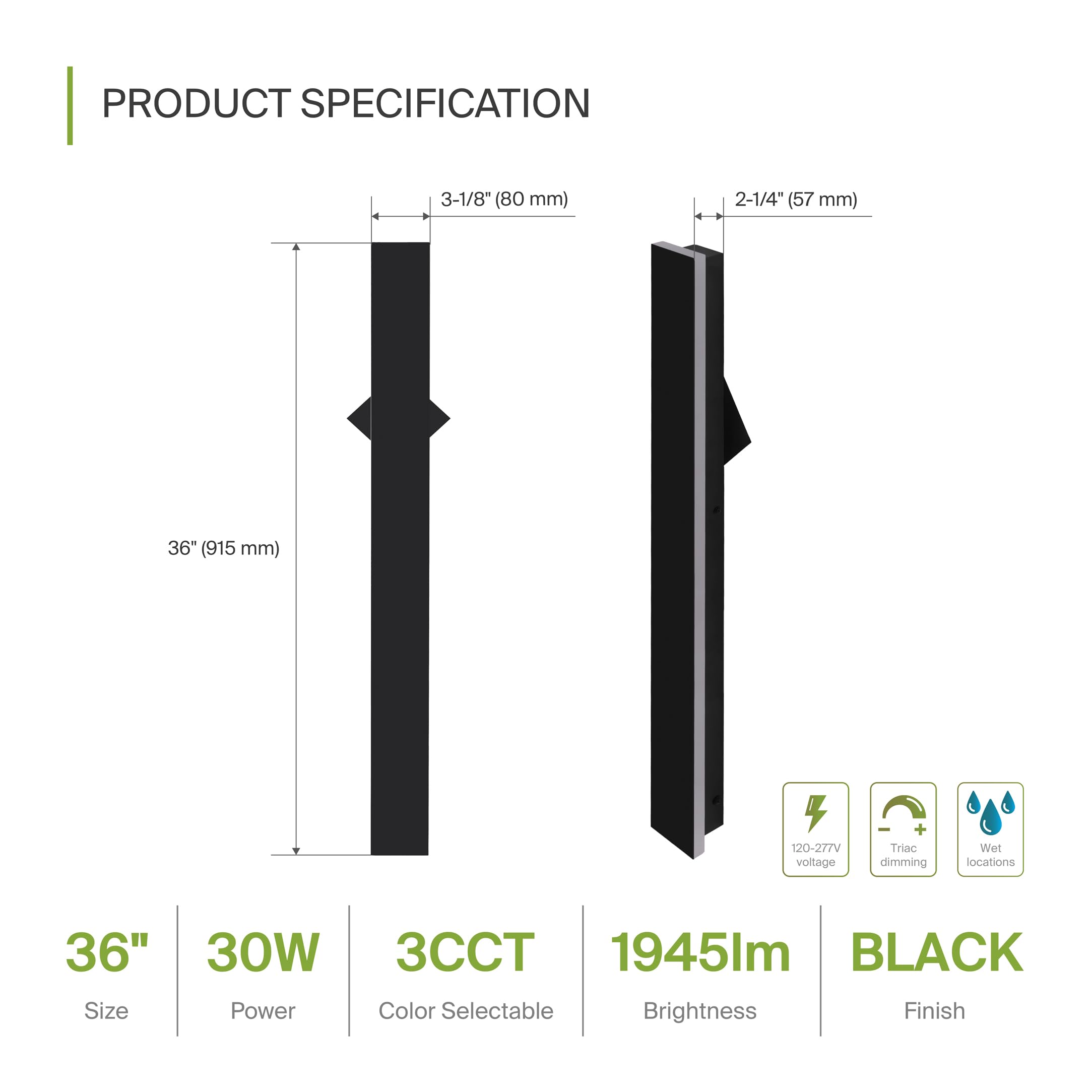ASD LED Wall Mount Light Fixture, Dimmable, 36in Black, Waterproof, ETL Listed, Model A-LWS27B-36D30BK