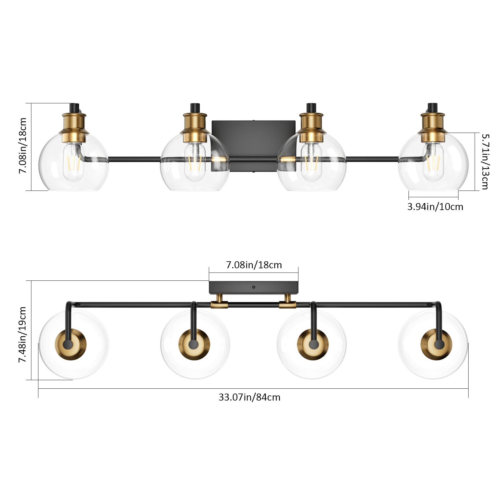 Tipace 4-Light Vintage Bathroom Vanity Lighting Fixtures, Black & Gold Finish, Metal, Model L-7493-1, Clear Glass Globes