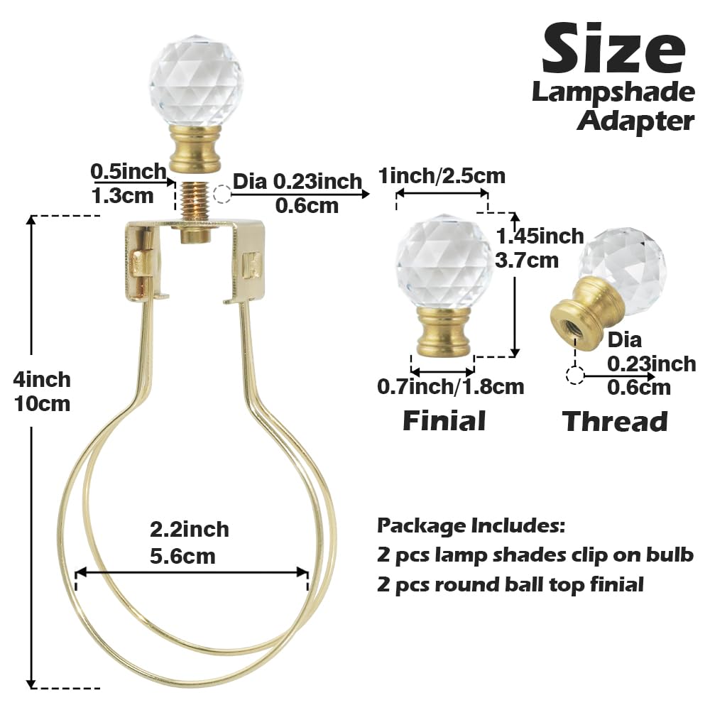 Asjeumt 2 Pieces Lamp Shade Light Bulb Clip Adapter Kit, Antique Brass Lampshade Holder With Crystals Top Finial, No Harp Requir