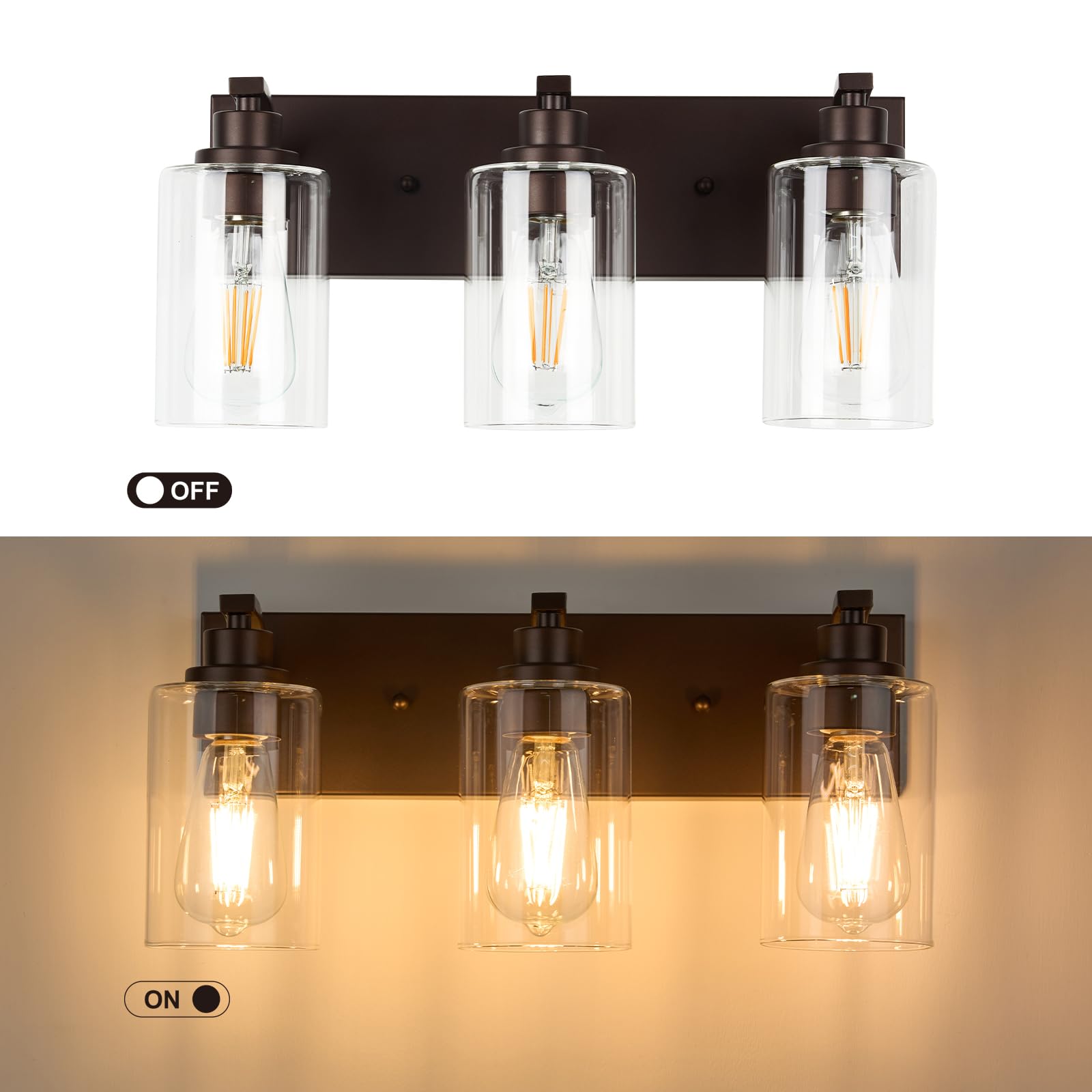 Alaislyc 3-Light Bathroom Vanity Light Fixture, Modern Bronze Over Mirror With Clear Glass Shade