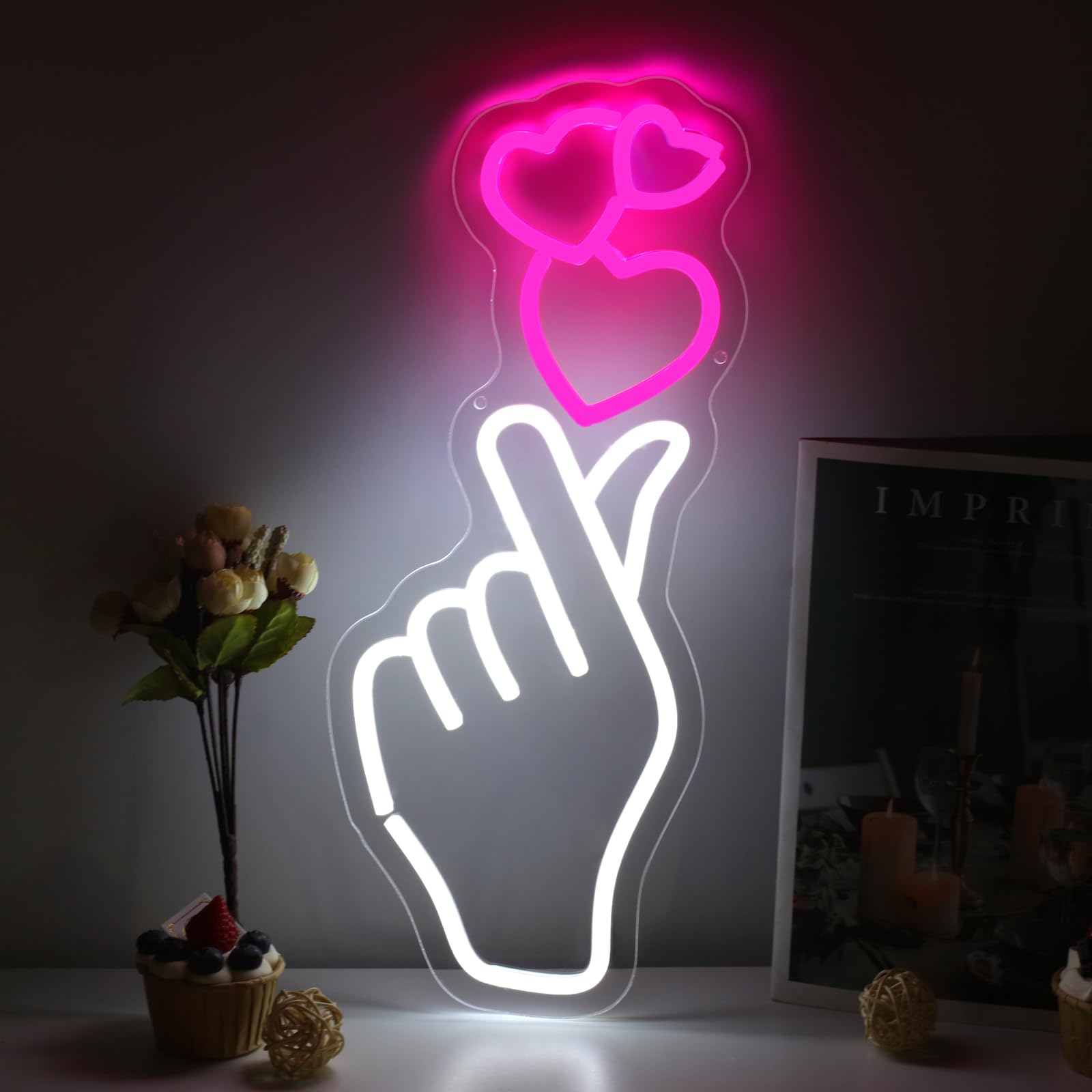 DMDMBSR Finger Heart Neon Sign, LED Dimmable Light for Home/Party/Wedding, USB Powered, 17.7inx7.1in, Small, Finger Heart Color