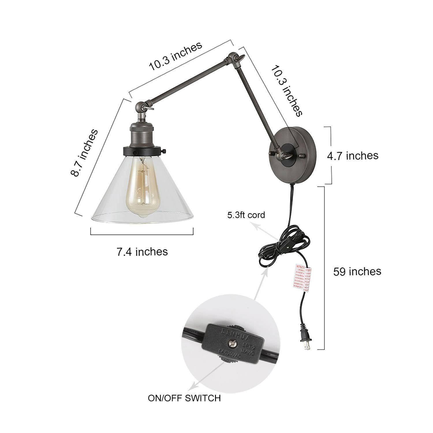 Lnc Swing Arm Wall Sconce Lighting, Glass Lamp With Plug In Cord For Bedroom, Reading