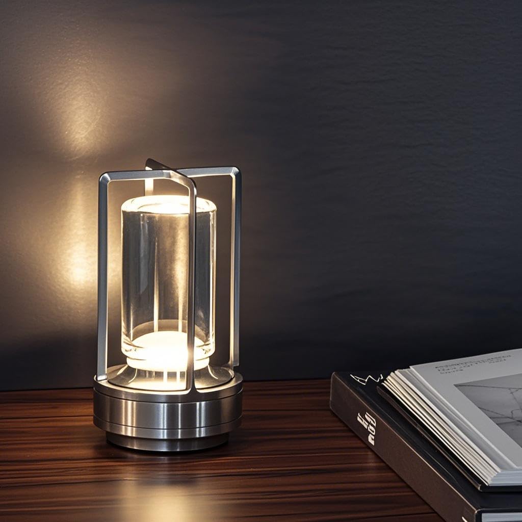 MEINV Cordless Rechargeable Table Lamp, Touch Control, 3 Color Dimmable, Small, Aluminum, Silver, Model CL001