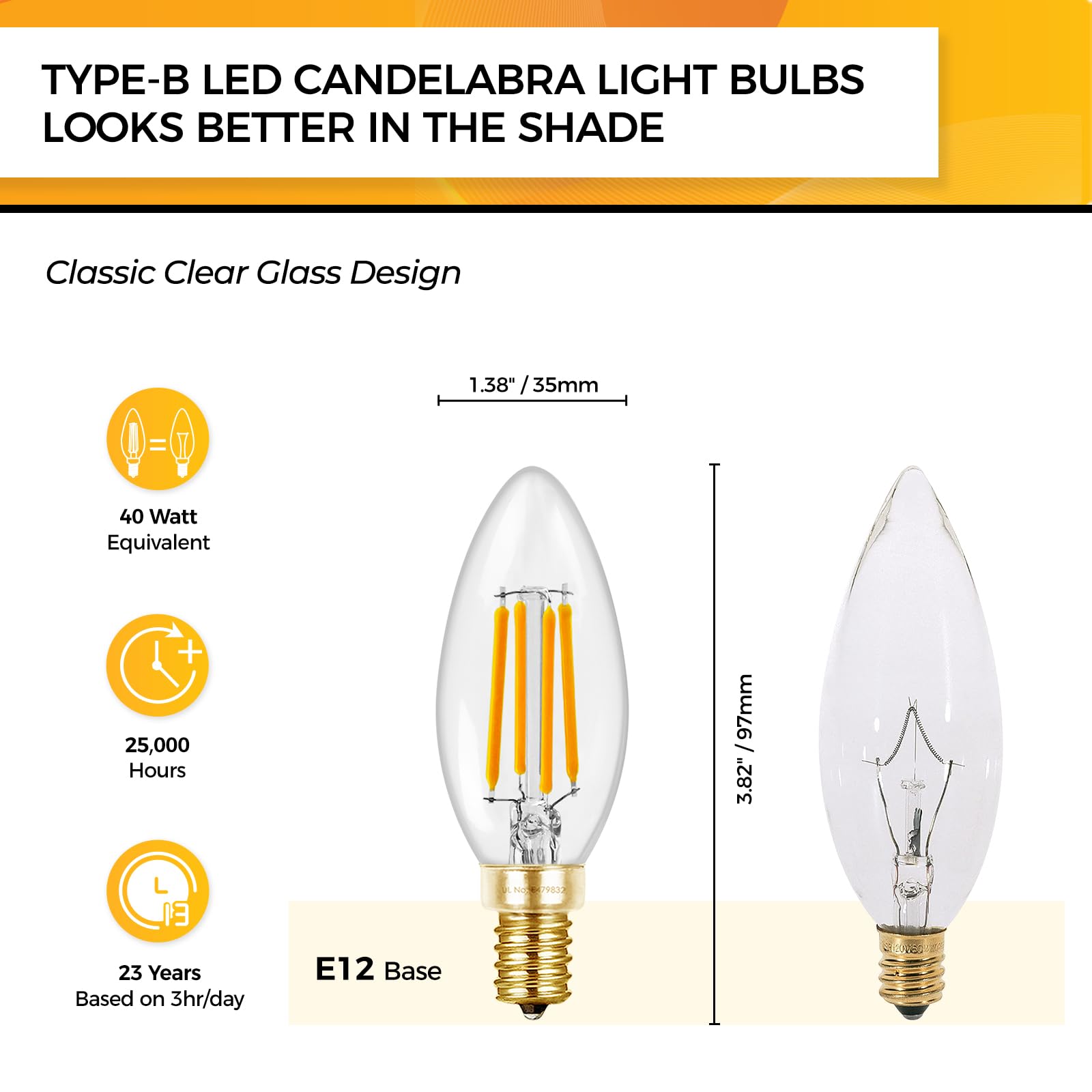 Hizashi E12 LED Bulb 60W Dimmable B11 Chandelier Light, 2700K Soft White, 550LM, Glass, 24 Pack, UL Listed