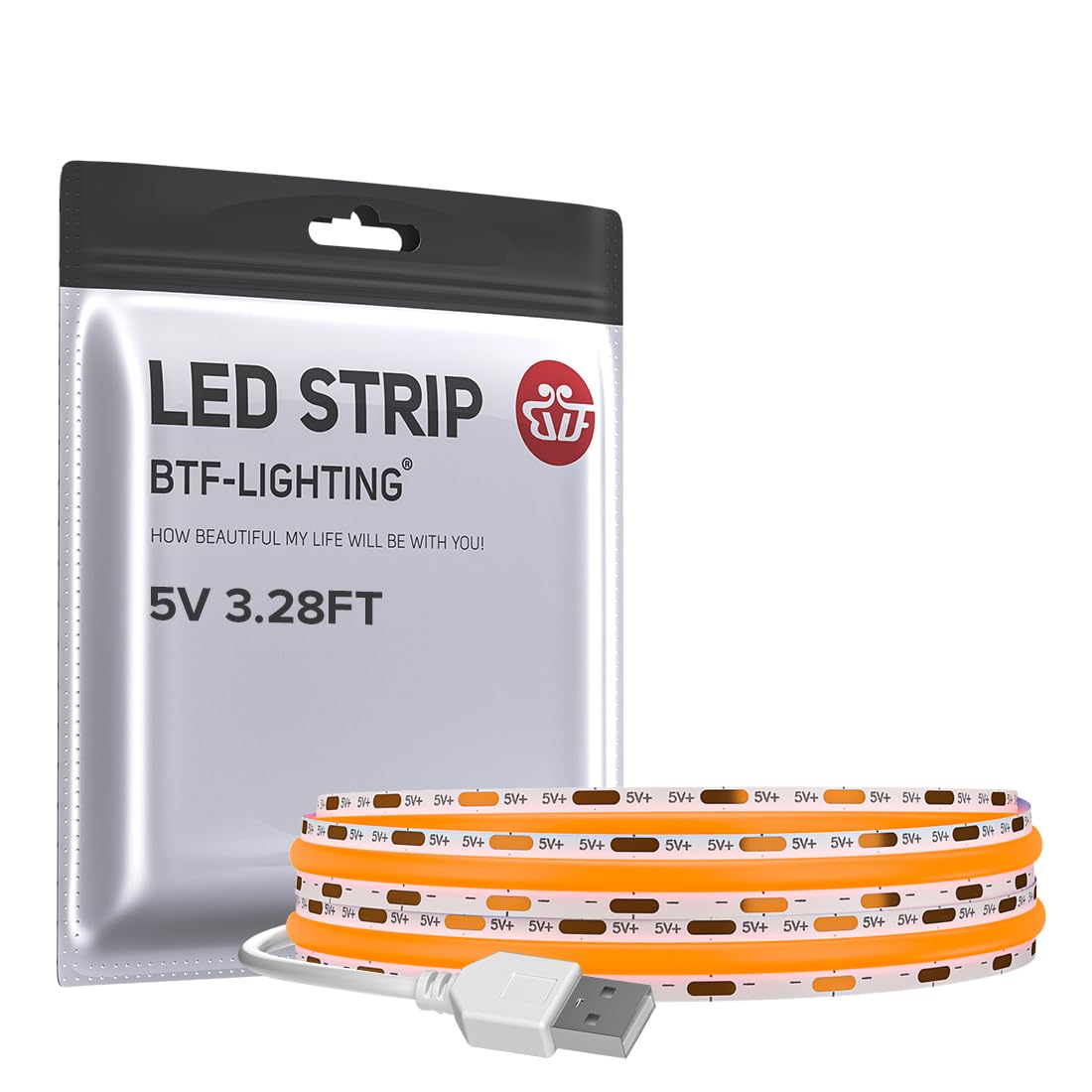 BTF-LIGHTING FCOB USB Powered Orange Color COB LED Band Lights 3.28FT 320LEDs 5V 8mm Width 90+ High CRI Ultra Bright Flexible Light for 3D Printer TV Backlight Display Cabinet PC DIY Decor