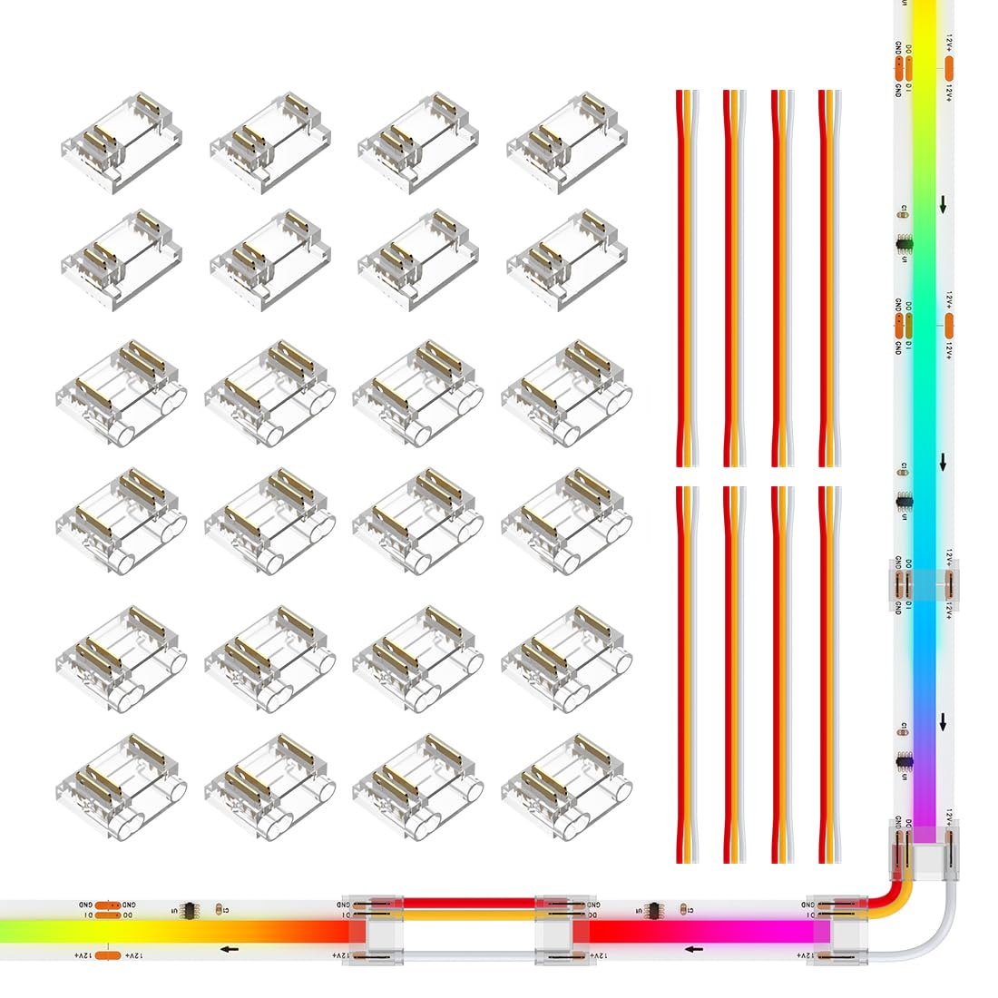 Btf-Lighting Cob 3Pin 12Mm Width Transparent Connector Kit 8 Pairs Of Wire To Strip,8Pcs Gapless Connectors Only Support Fcob Spi Ws2811 720Led/M Rgb (+ Di Gnd) 3 Wires Led Light