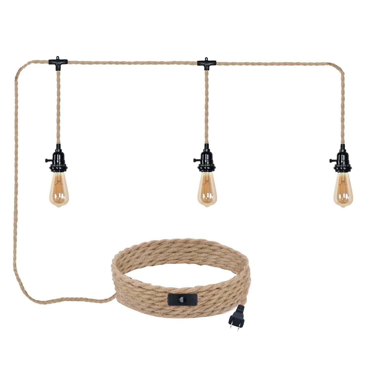 Alaislyc 3-Light Plug-In Pendant Light Kit With 22 Ft Hemp Rope - Farmhouse Hanging Lamp
