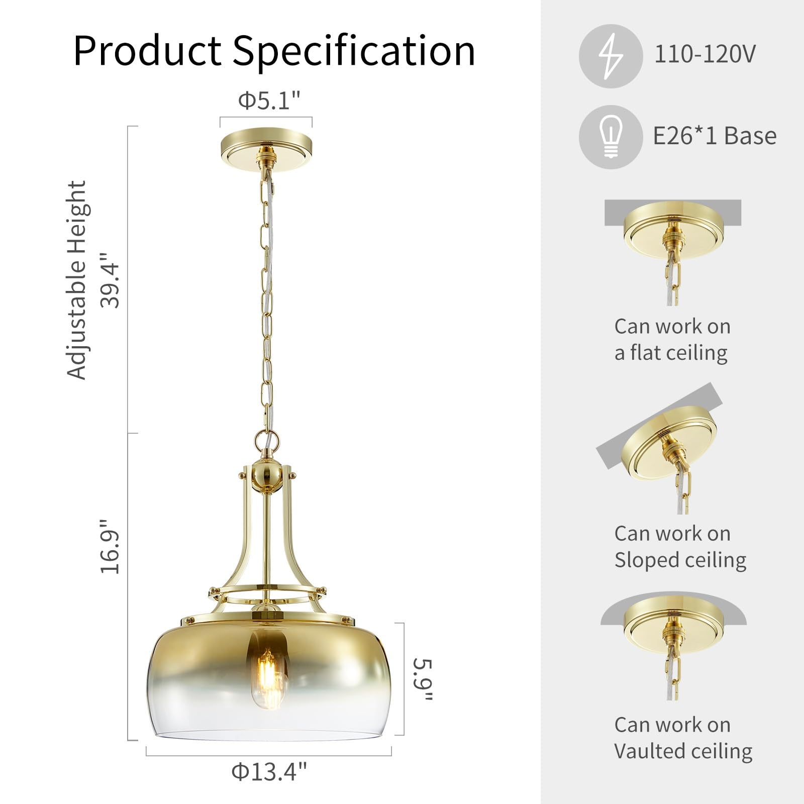 WUZUPS Gold Chandelier Pendant Light, Rustic Industrial Design, H 17" W 13.4", Gradient Glass Shade, Model USHD9607PB
