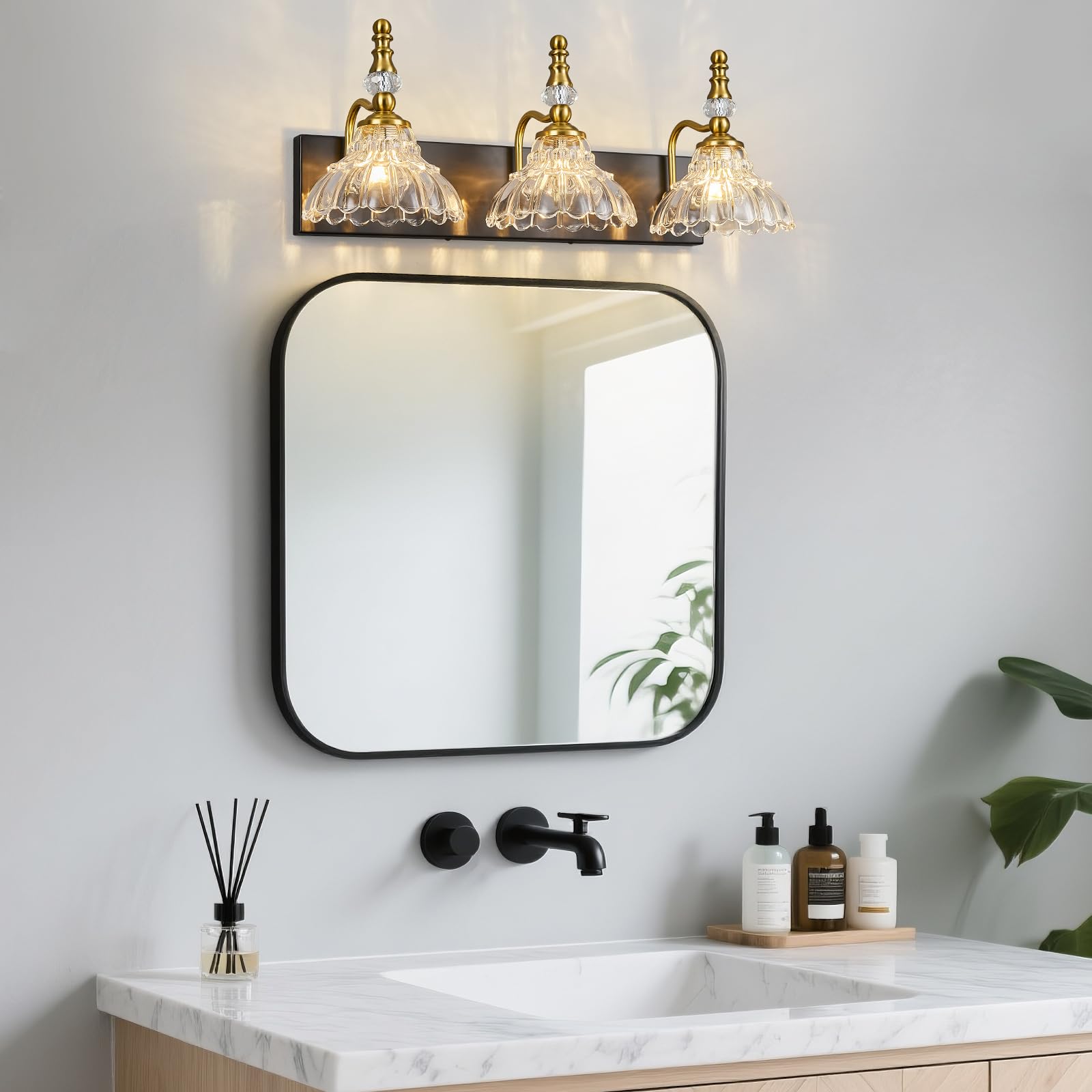 Lbsqj Vintage Bathroom Vanity Light  3-Light Black Gold Vanity Lighting Fixture With Flower Glass Shade  Bathroom Lighting Fixtures Over Mirror