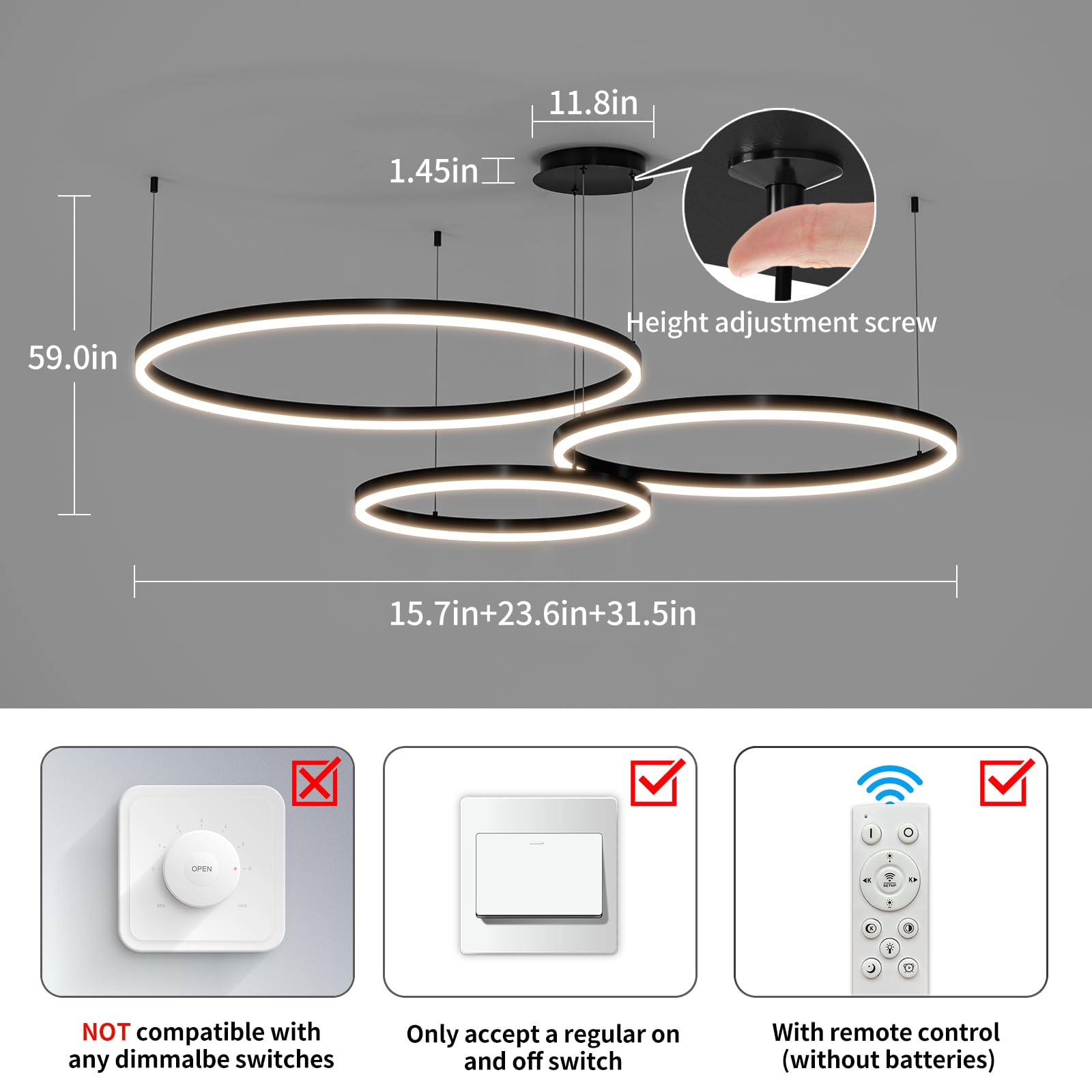 Mikeru Modern LED Chandelier Light, 3000K-6500K Adjustable, Aluminum, 15.7*23.6*31.5IN, A-Black, Model