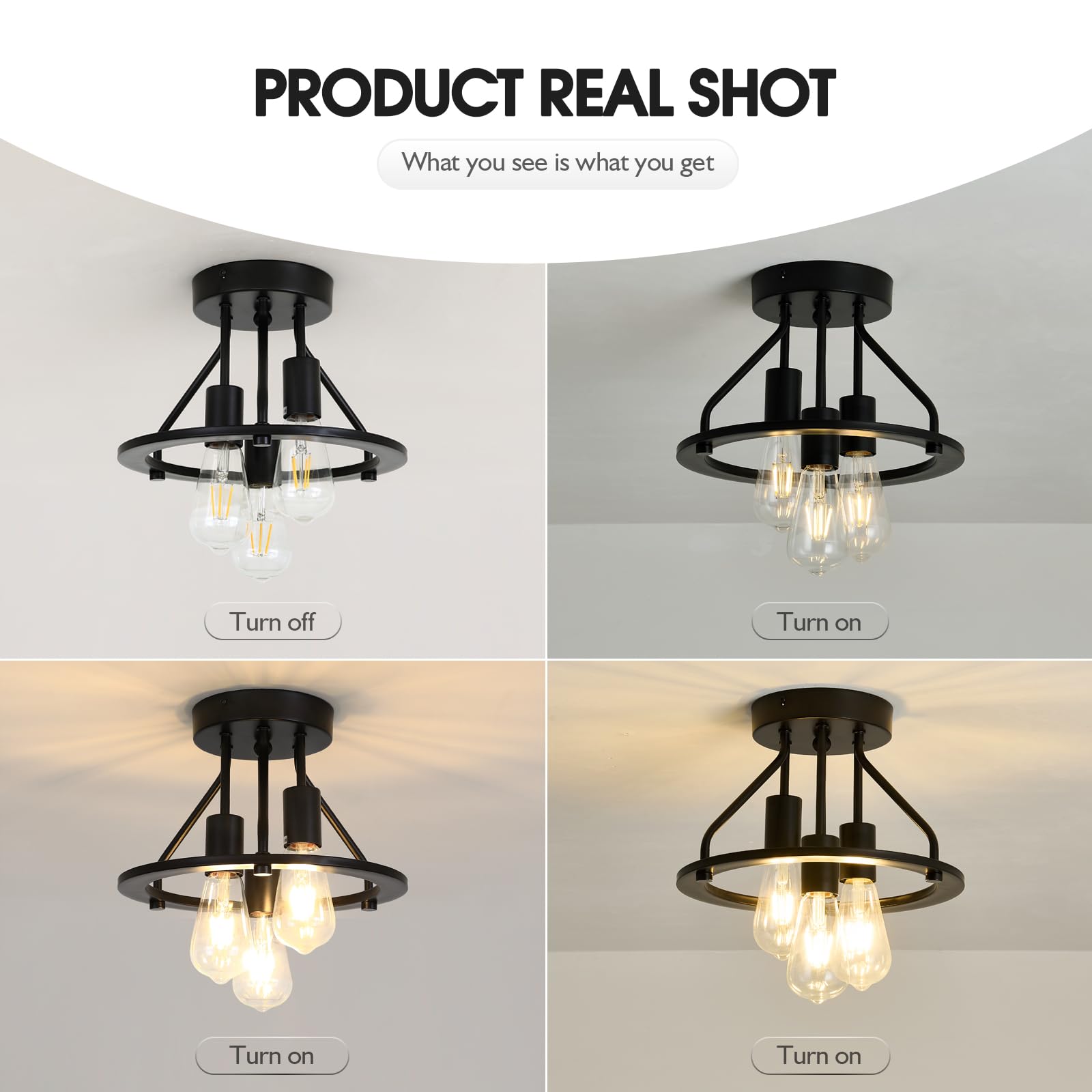 Qgiytp Semi Flush Mount Ceiling Light Fixture 3-Light Matte Black Ceiling Light E26 Edison Farmhouse Industrial Small Chandelier