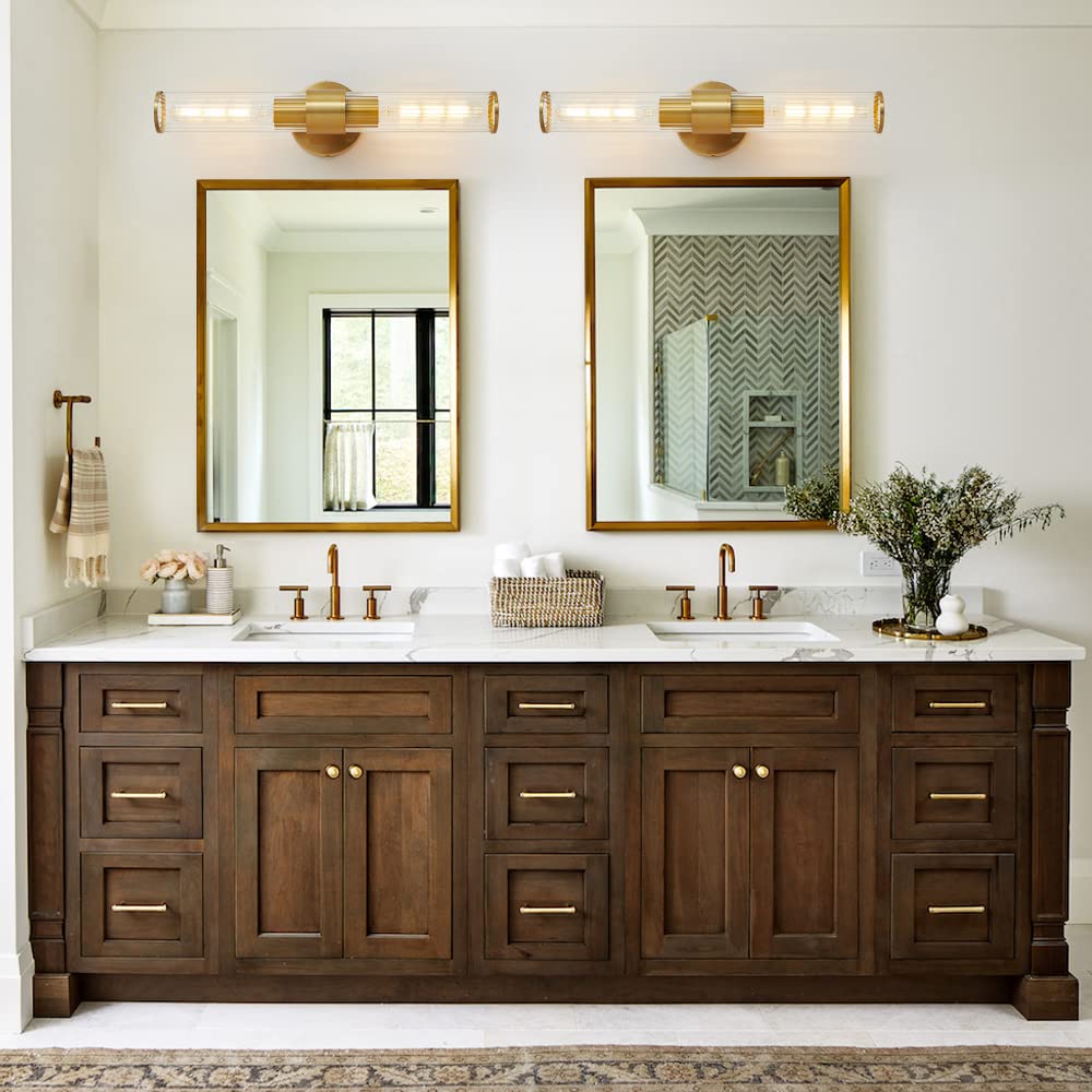 Vaziden Gold 2 Light Bathroom Vanity Lights, 20 Inch Threaded Glass Shade, Metal Wall Sconces for Mirror, 2 Pack, Model 3393-2P