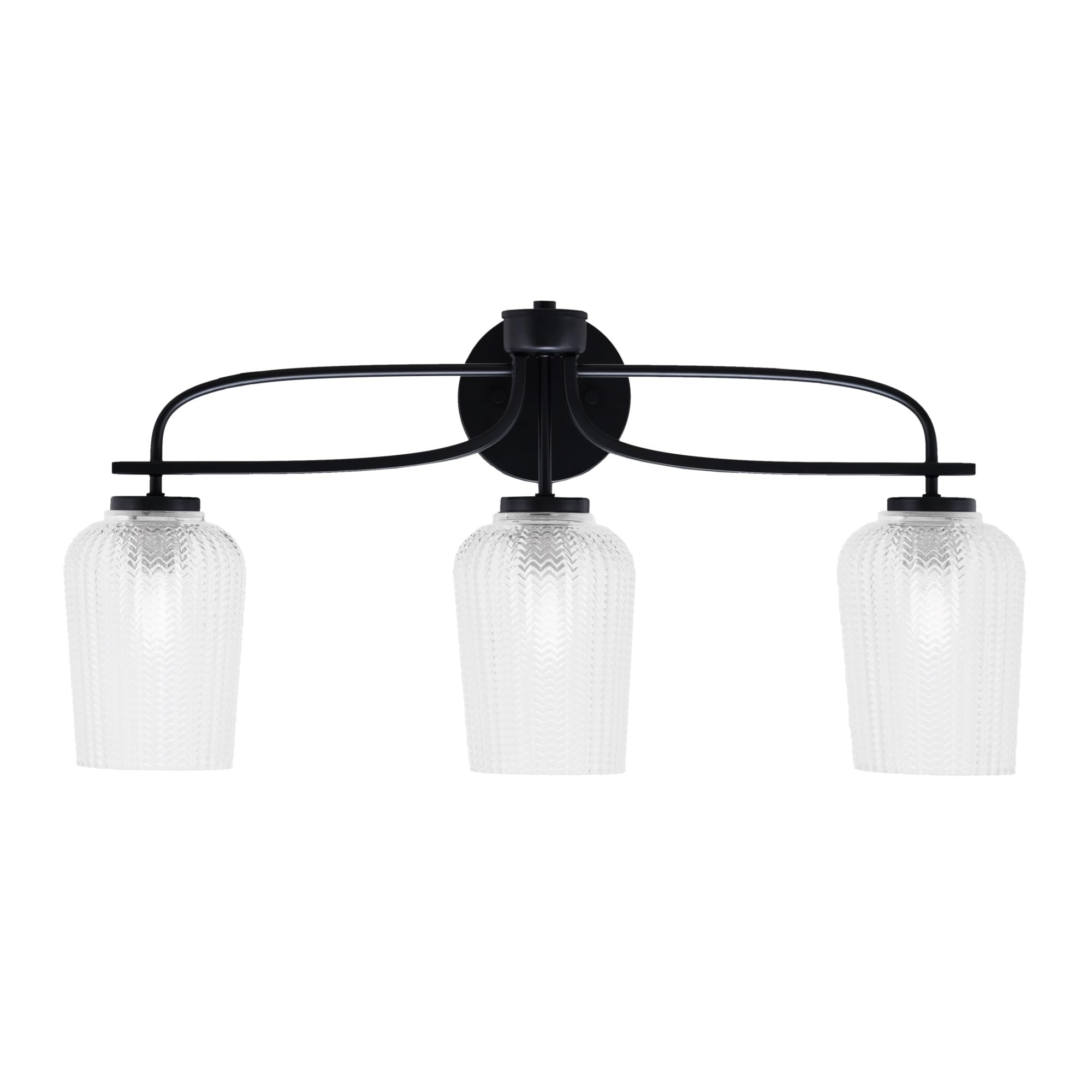 Cavella 3 Light Bath Bar Shown In Matte Black Finish With 5" Clear Textured Glass
