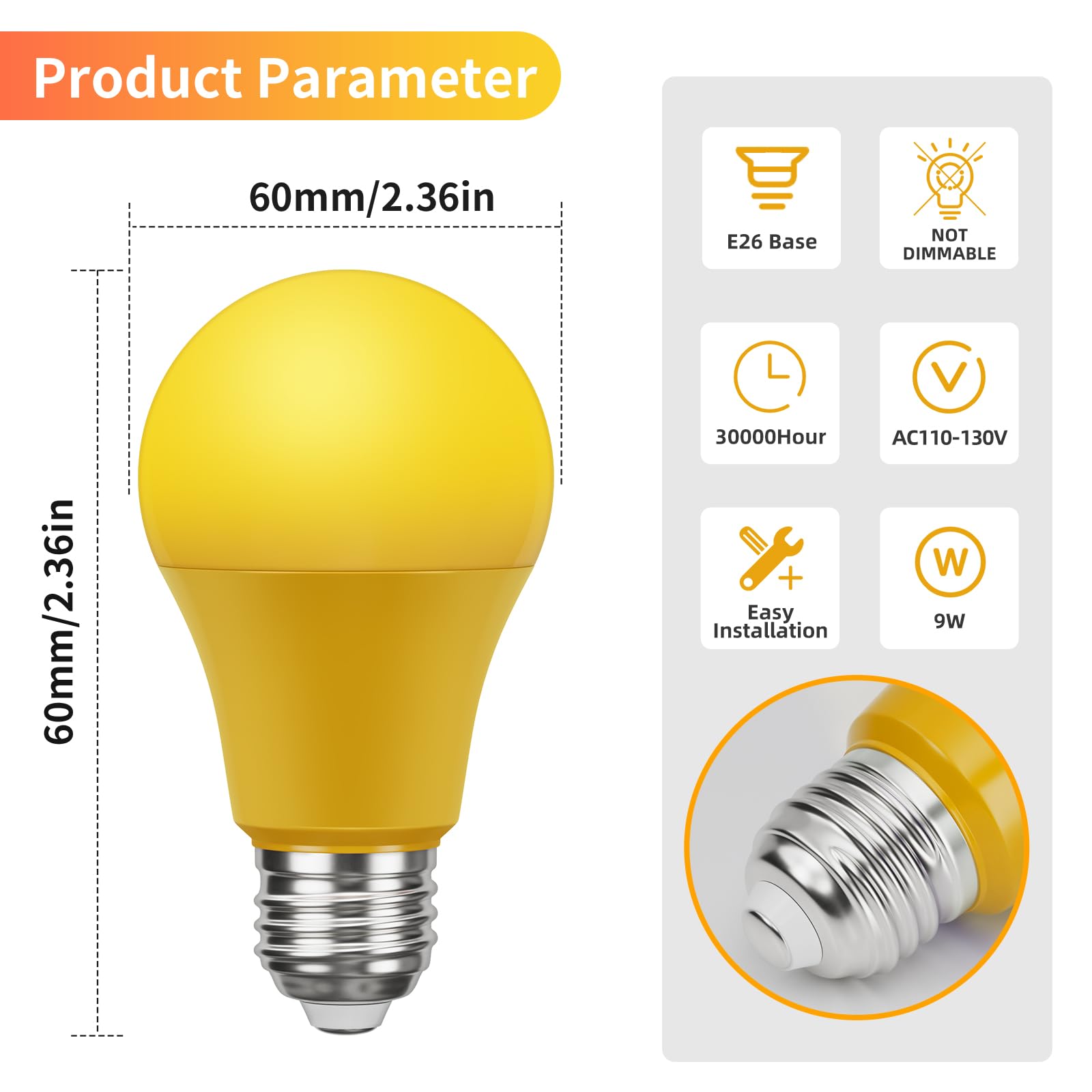 Roche Jaune A19 9W Yellow Bug Light Bulbs - 2000K Amber, E26 Base, Not-Dimmable, 4 Pack for Outdoor Use
