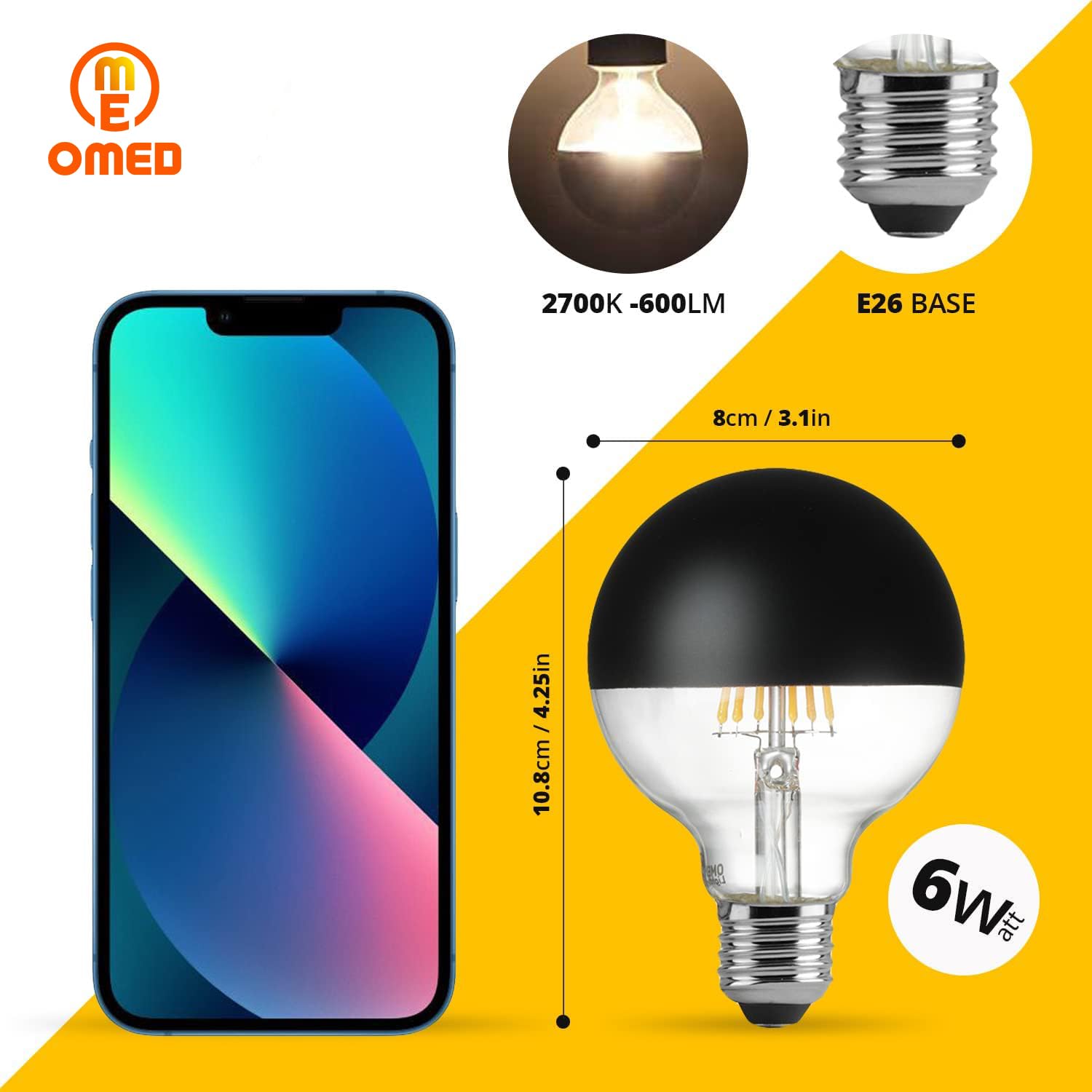 Omed G80 Anti Glare Half Black Chrome Dimmable Led Light Bulbs 6 Pack, E26 2700K Soft White Globe Dipped Edison Bulbs, 6 Watt 60