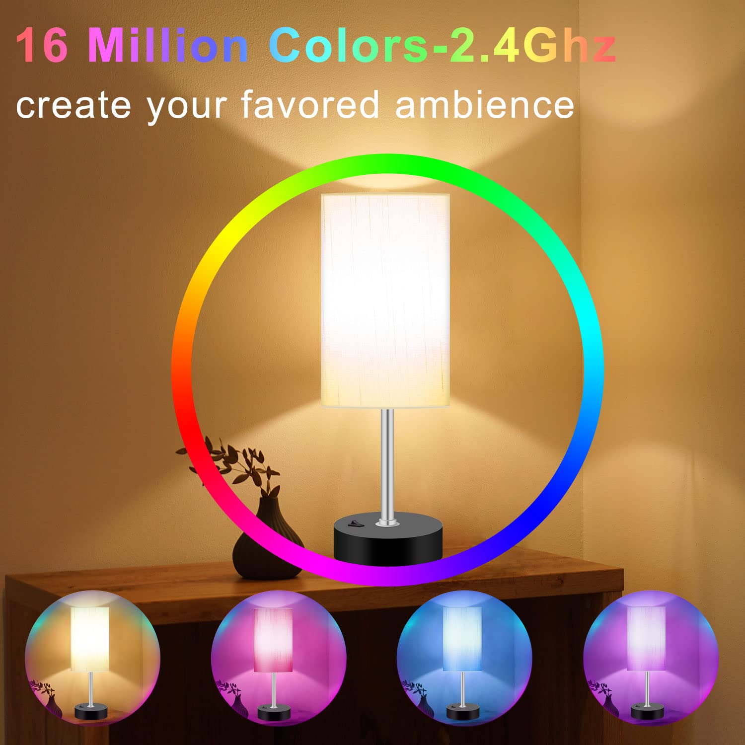 Peteme Smart RGB LED Bedroom Lamp, Off-White, Dimmable, 2 USB Ports, Works with Alexa, Syncs with Music, Wifi-Circular