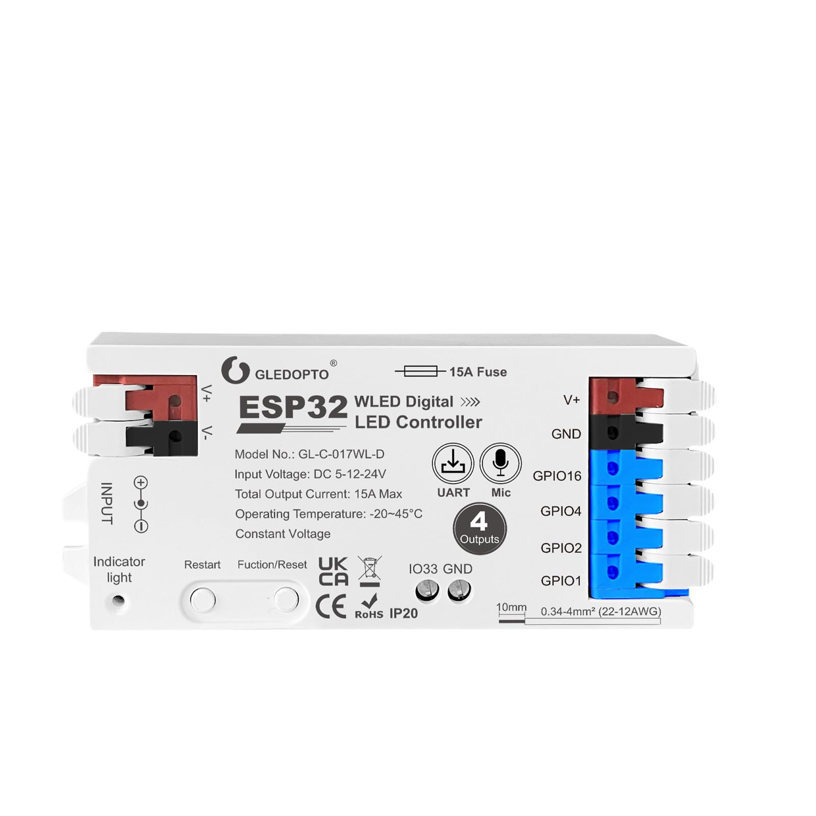 ESP32 WLED RGB IC LED Band Controller 4 Channel Outputs 15A Fuse Mic Sound Dynamic Lights USB-C UART DIY Energy Saving Relay Level Shifter IC for Digital WS2811 WS2812 WS2815 SK6812 etc