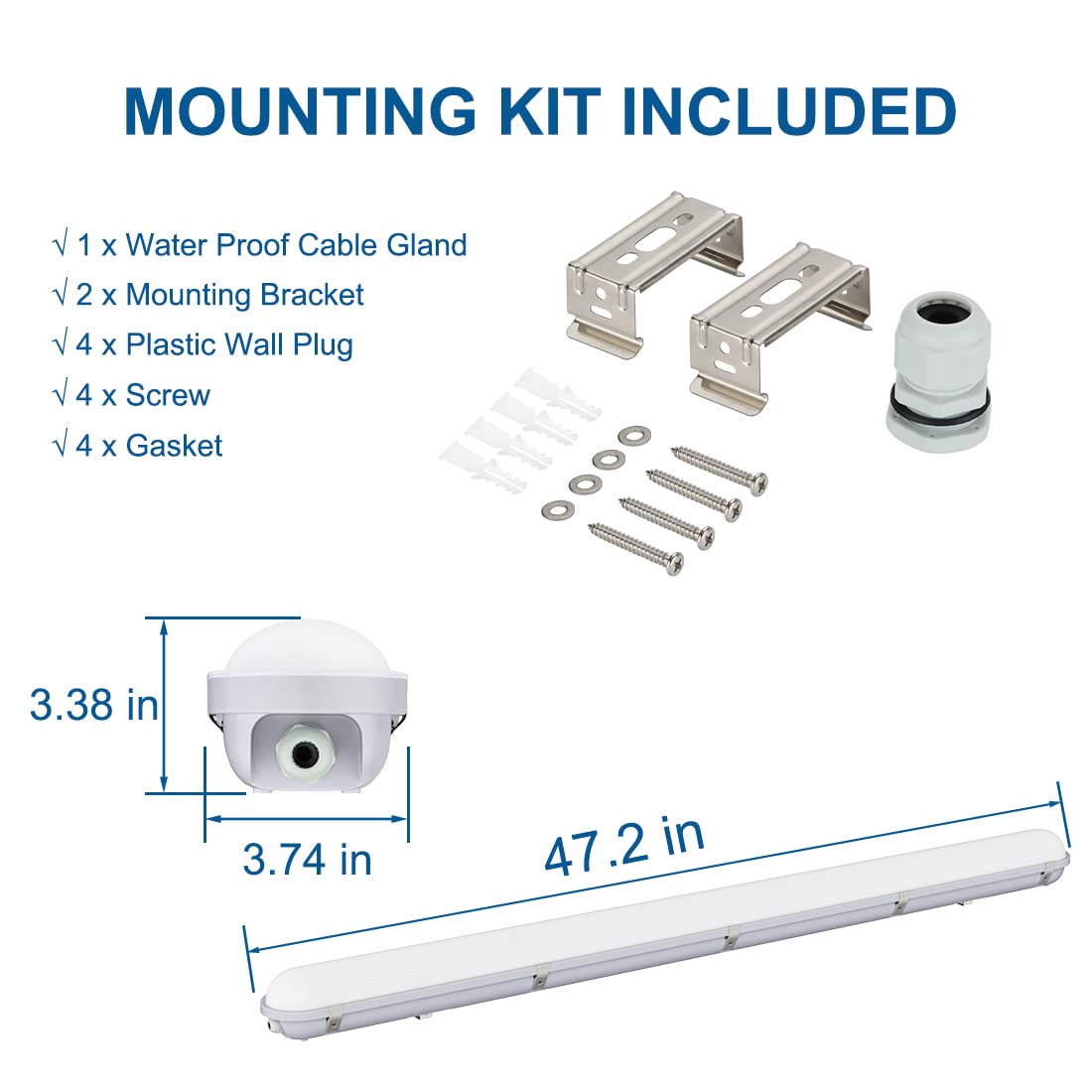 Dakason 4Ft Led Vapor Tight Light 60W 6600Lm (120W Eq.), Waterproof Led Outdoor Shop Light 5000K Ip65 100-277V Led Vapor Proof F