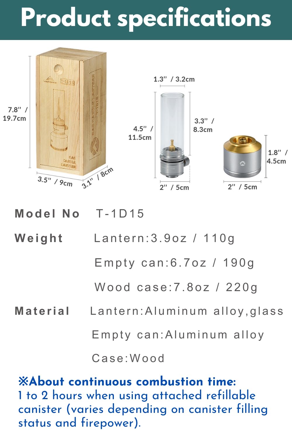 CAMPINGMOON Camping Gas Lantern T-1D15 - Silver Aluminum Lantern with Wooden Case
