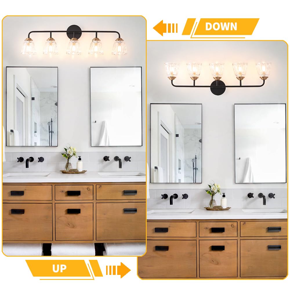 Vintage Vanity Lighting For Bathroom, Black And Gold Bathroom Vanity Light Fixtures With Clear Glass Shade, Elegant 5-Light Bath