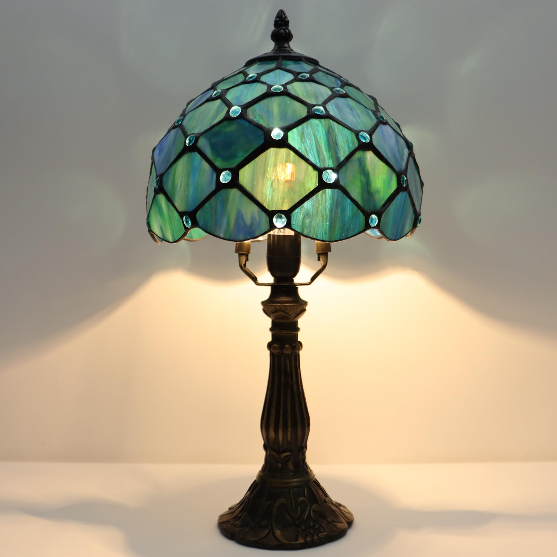 Lxhcyou Small Tiffany Lamp Mini Accent Table Lamp Stained Glass Desk Memory Lamp Sympathy 8X14.5 Inch (Sea Blue Pearl Style)