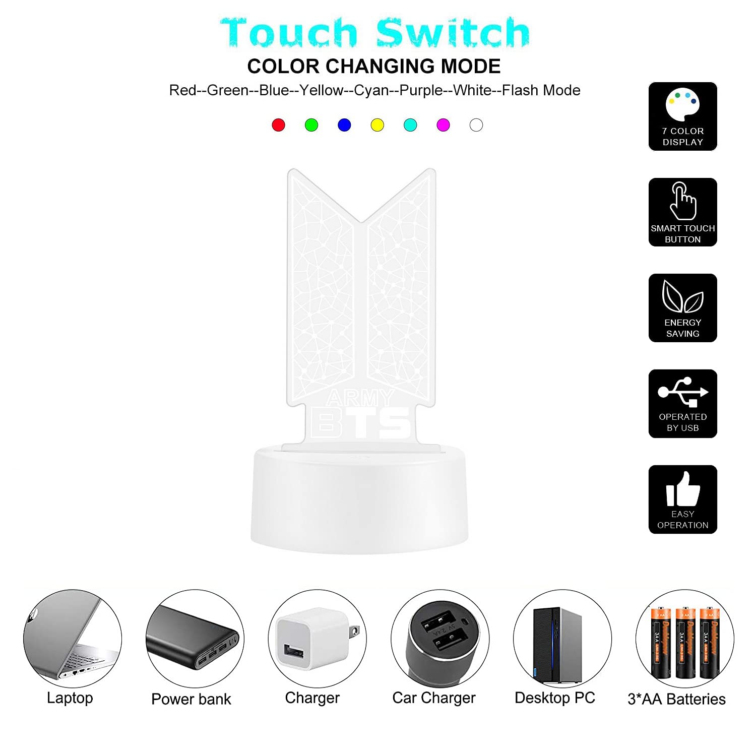 YANENG LED Acrylic Night Light - 7 Color Touch, Model TS-LED-002, Perfect for Bedroom Decoration and Gifts for Kpop Fans