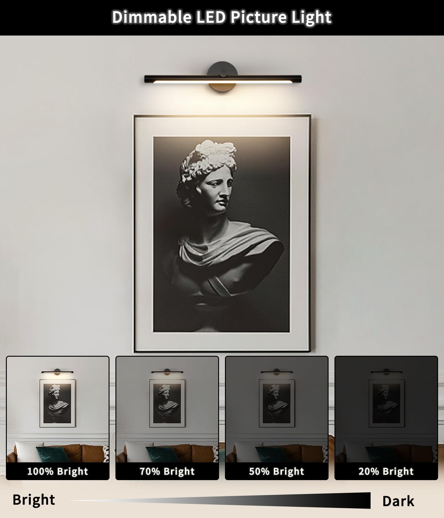 JUSHENG Dimmable Picture Light for discomfort-reducingtings 12W LED 3000K Warm White 24.21in Hardwired Black Model 9050