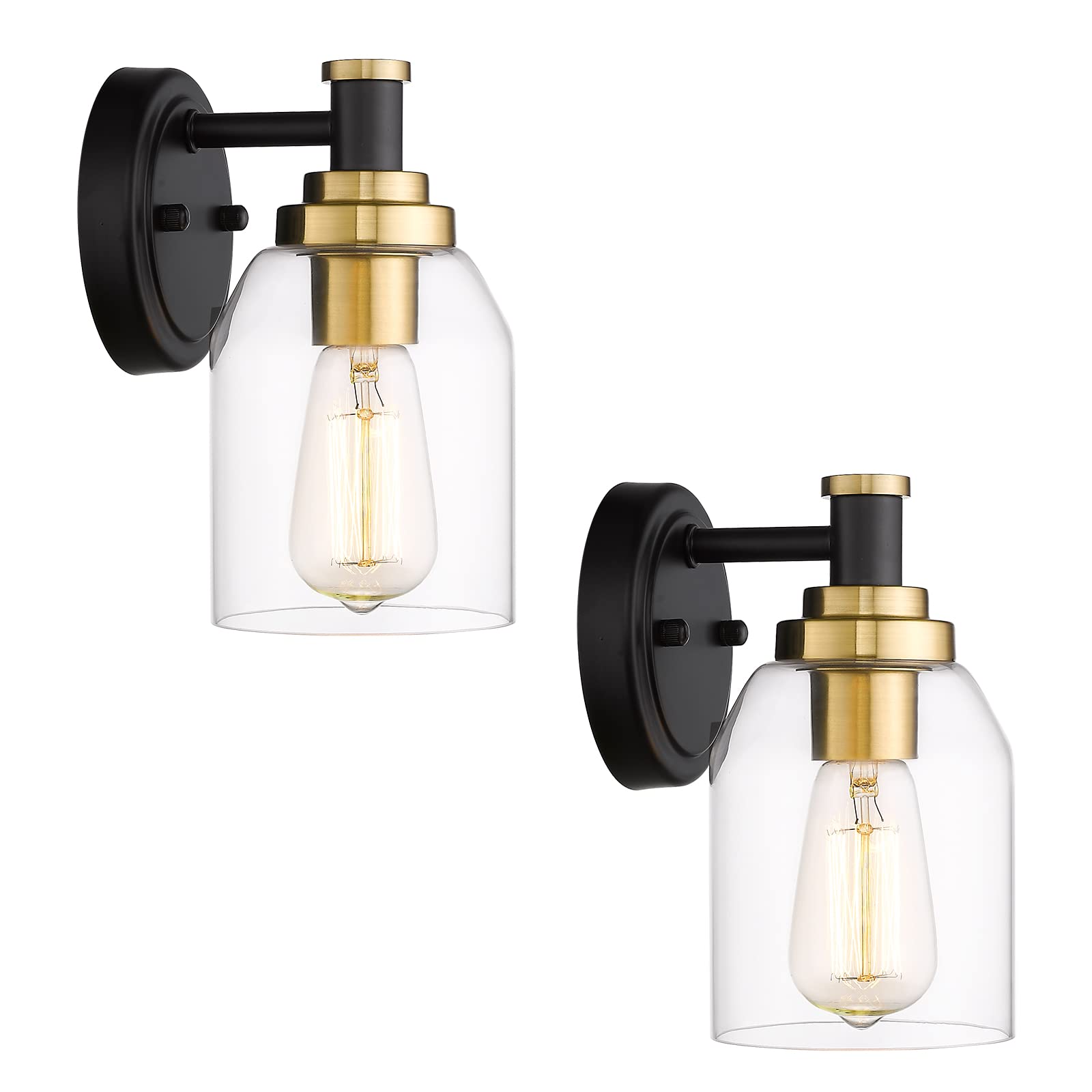 Zeyu 2 Pack Modern Vanity Wall Sconces, Indoor Wall Lights For Bathroom Hallway Bedroom With Clear Glass Shade, Black And Gold F