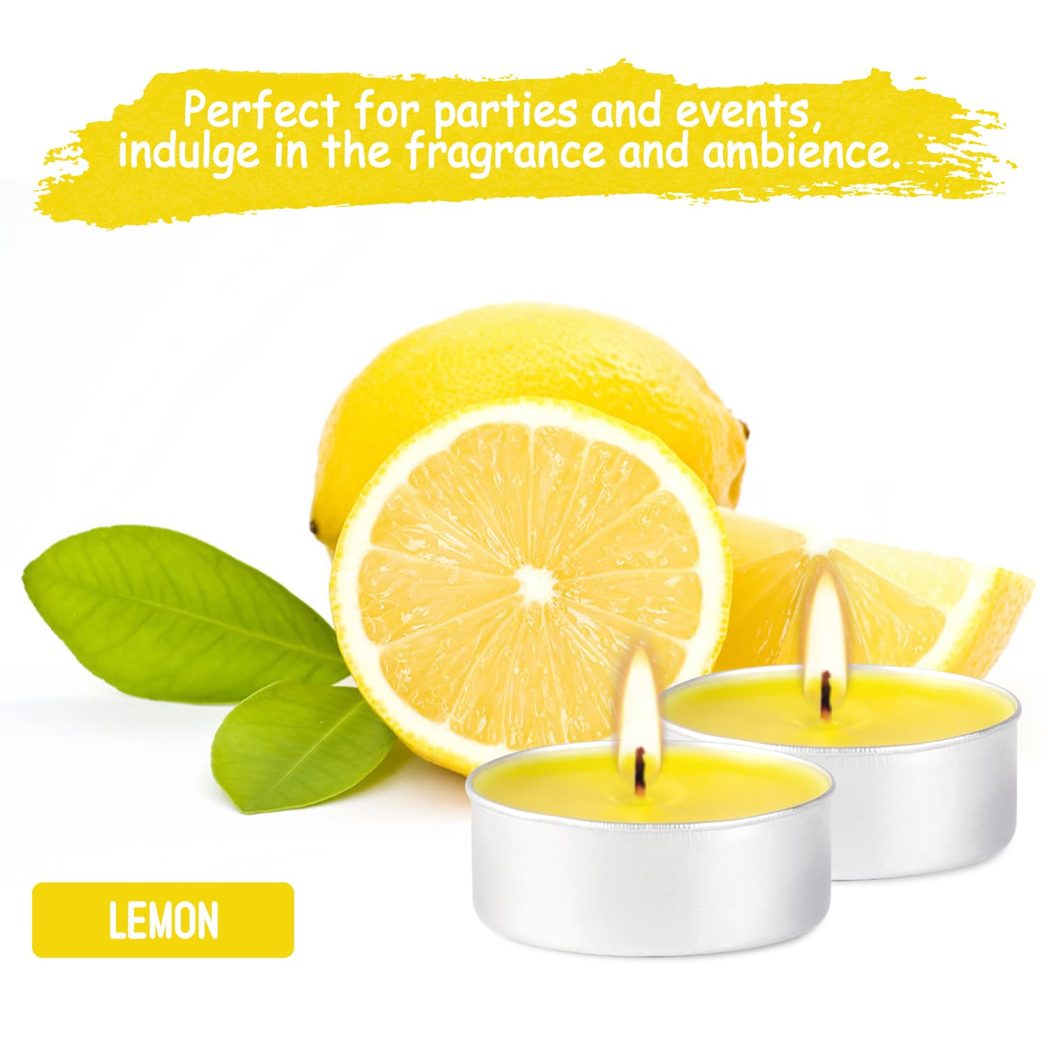 fclayvts 100 Pack Scented Tealight Candles, Yellow Aromatherapy Wax Candles, 4-Hour Burn Time for Home, Wedding, and Holidays