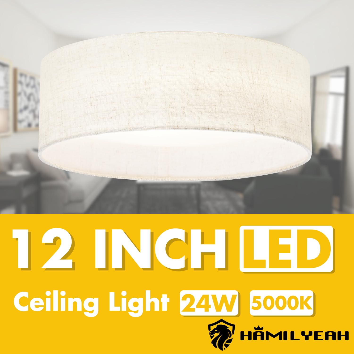 Hamilyeah Led Ceiling Light Flush Mount 24W, 12 Inch Drum Ceiling Light Fixture 5000K, Dimmable Close To Ceiling Light With Beig