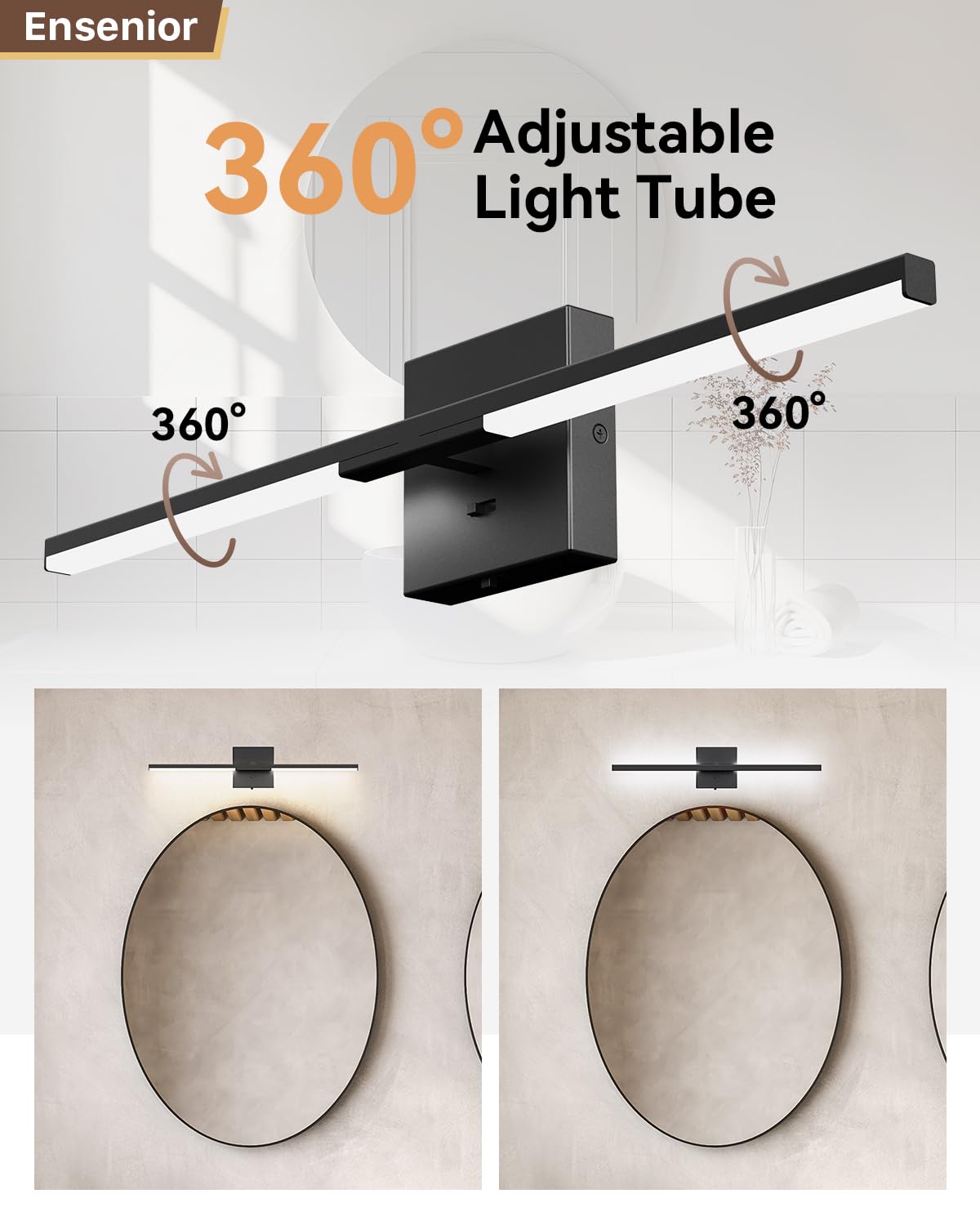 Ensenior Modern Bathroom Vanity Light 24 Inch, Built-In Dimmer, 13W Dimmable 5Cct Led Bathroom Light Fixture Over Mirror, Black