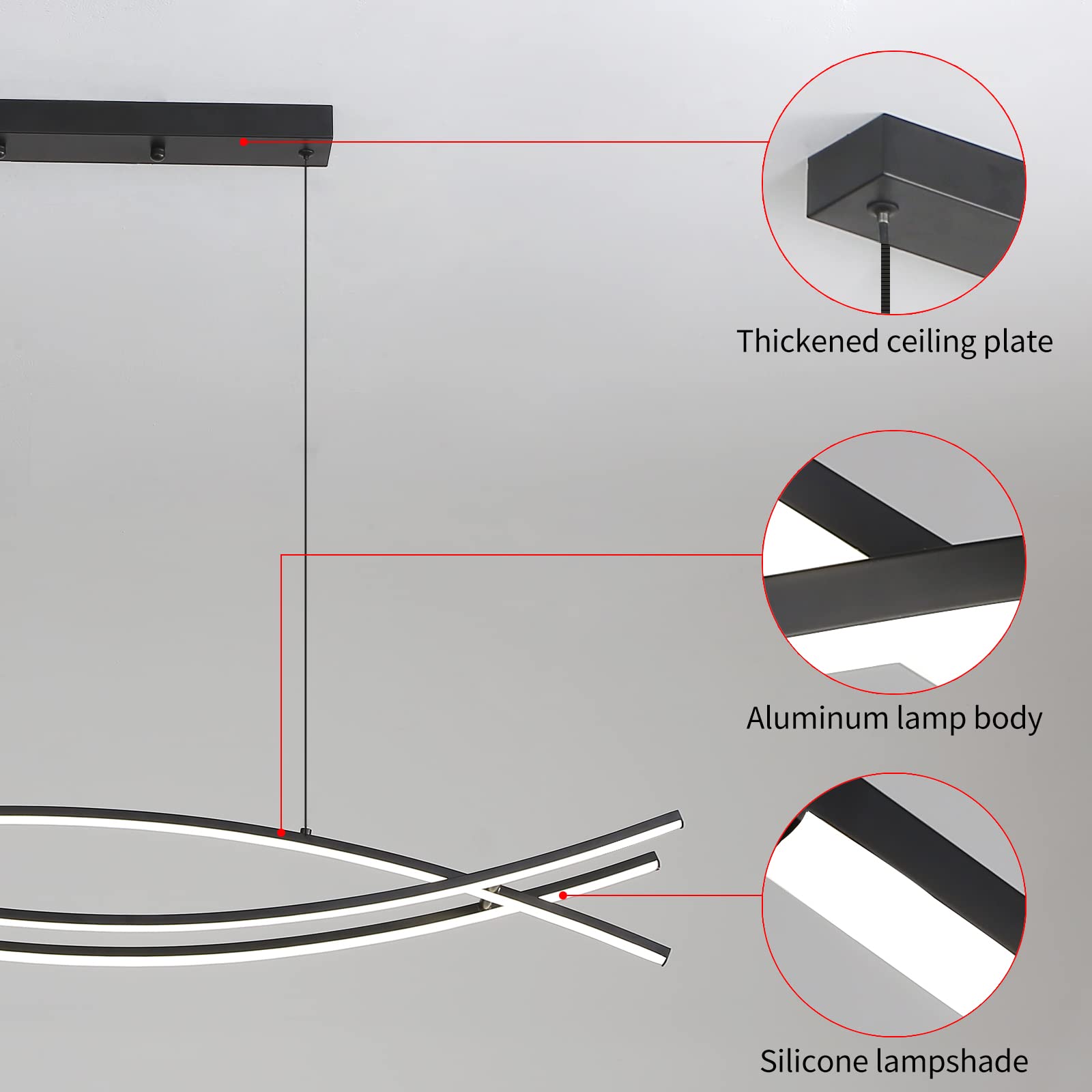 Matven Linear Pendant Light - Dimmable LED Chandelier, Modern Curved Design, 39in, Aluminum, Elegant Dining Room Fixture