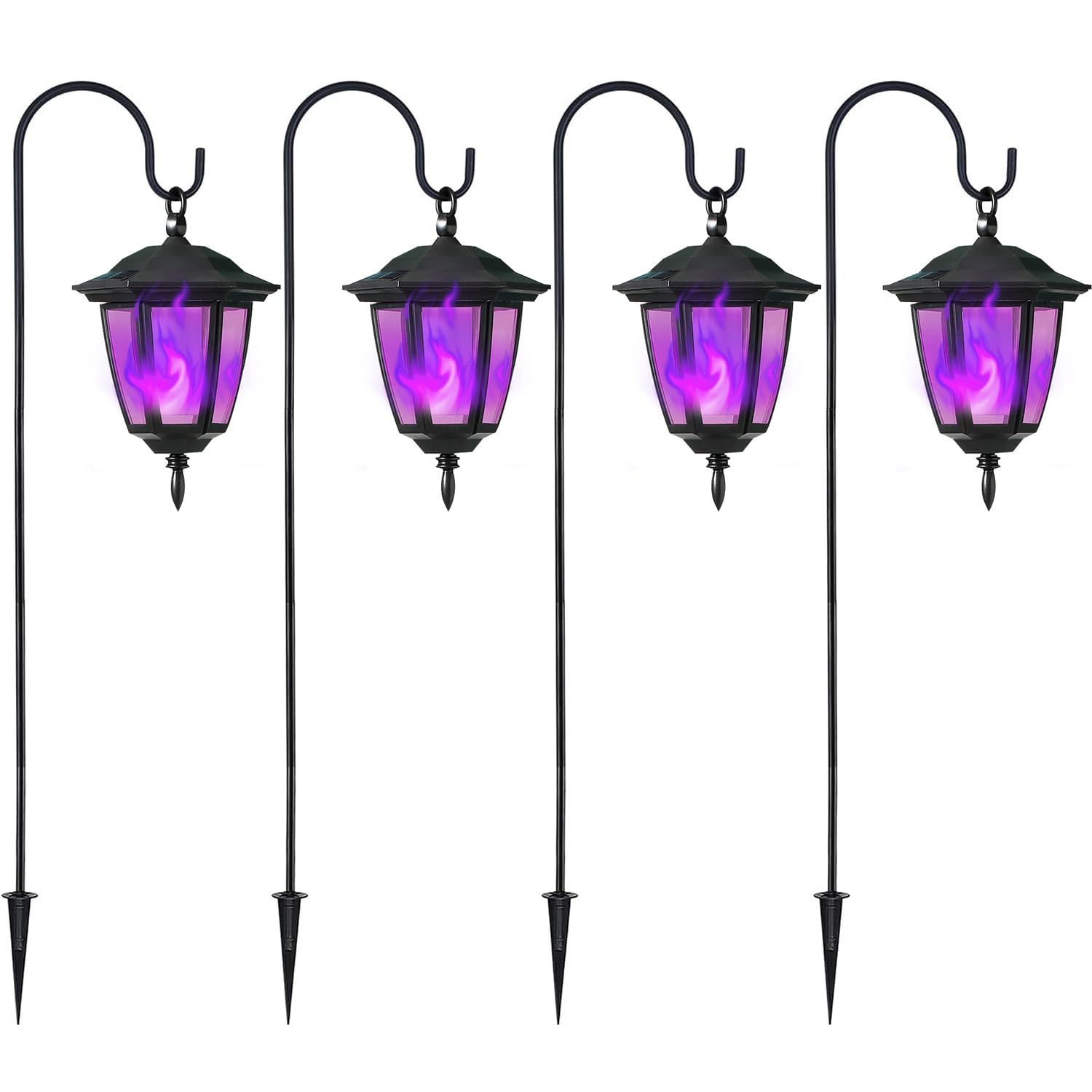 Dynaming 4 Pack Solar Halloween Flame Hanging Lights Outdoor, Flickering Flame Led Garden Lanterns With 4X38 Inch Shepherd Hooks