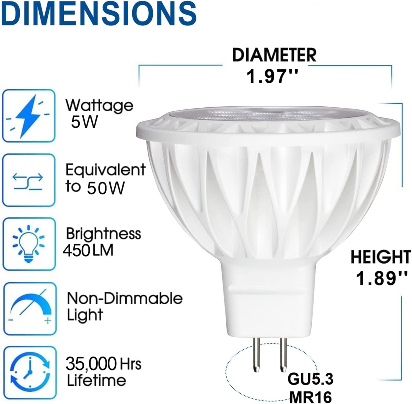 Gohdlamp 12 Pack Mr16 Led Light Bulbs, 50 Watt Equivalent Landscape Light Bulbs, 2700K Warm White 5W 12V Spotlight Bulb, Non-Dim