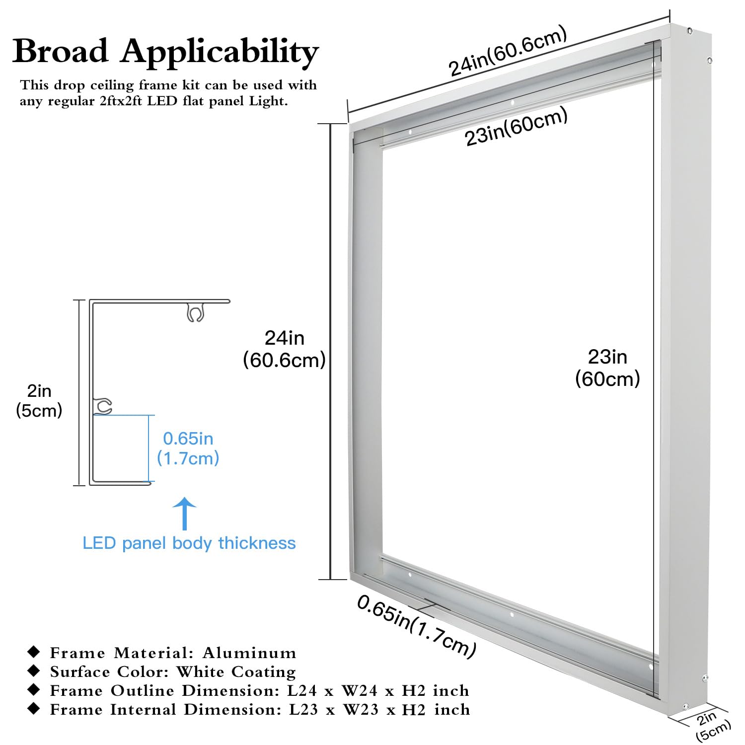 Zevnico 2X2Ft Surface Mount Kit, 2 Set Aluminium Surface Mounting Bracket Kit, 2' By 2' Ceiling Mount Frame, For 24''X24'' Led F