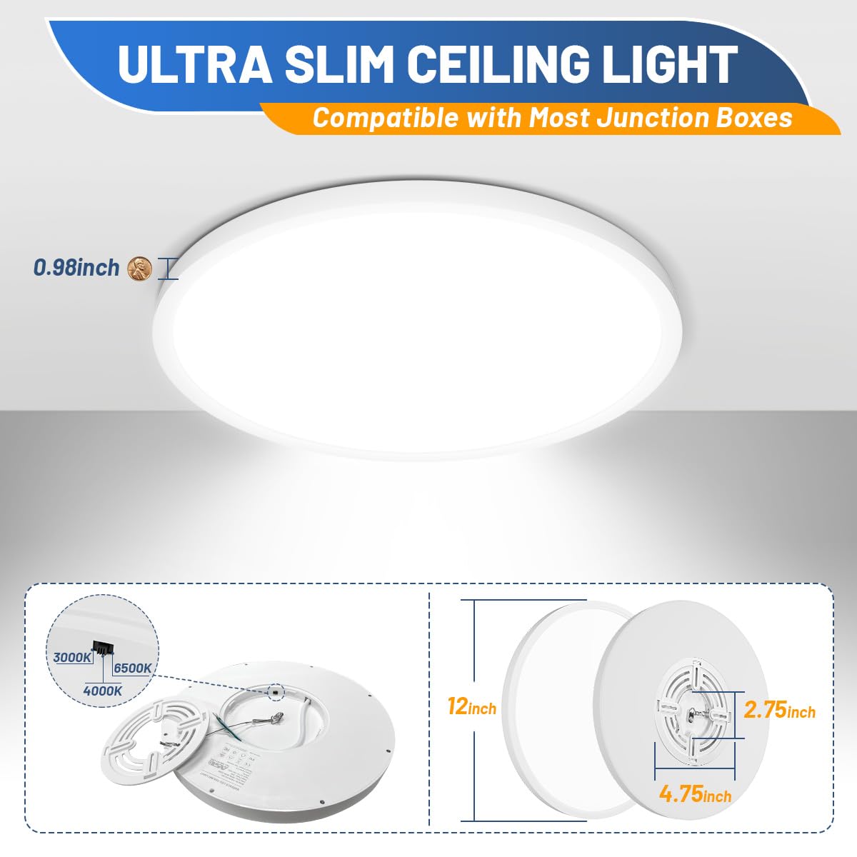 Allsmartlife Flush Mount Led Ceiling Light 2 Pack, 24W 2880Lm,3000K/4000K/6500K, 12 Inch Ceiling Light For Bedroom, Bathroom, La