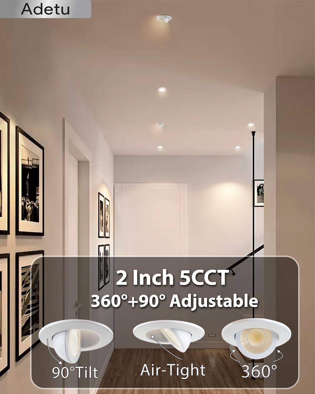 Adetu 2 Inch 5CCT Gimbal LED Recessed Lighting, 550LM, Adjustable 360°+90°, White, ETL Certified, 6 Pack