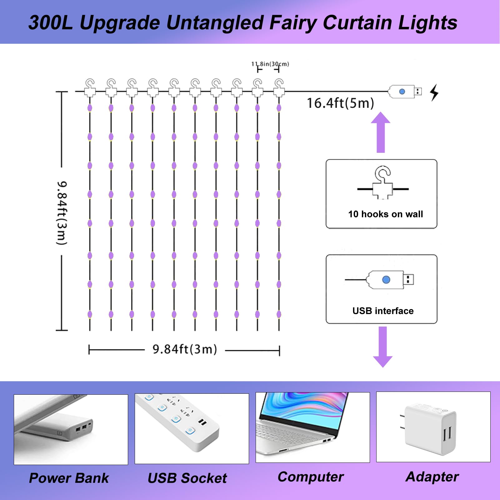Sinamer Purple Curtain Light With Untangled Wires For Bedroom, 300Led 9.8Ft X 9.8Ft Window Fairy Curtain String Light With 16 Hooks, 8 Modes Remote Control For Wedding Party Home Indoor Decorations