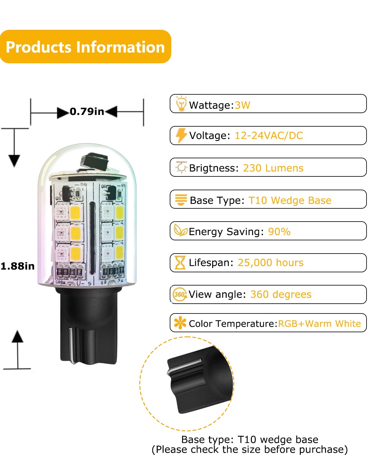 Cheopha RGB T5 T10 Wedge Base LED Bulbs, 2-Pack, Warm White + Multi Colors, Glass, 12V for Halloween & Outdoor Lighting