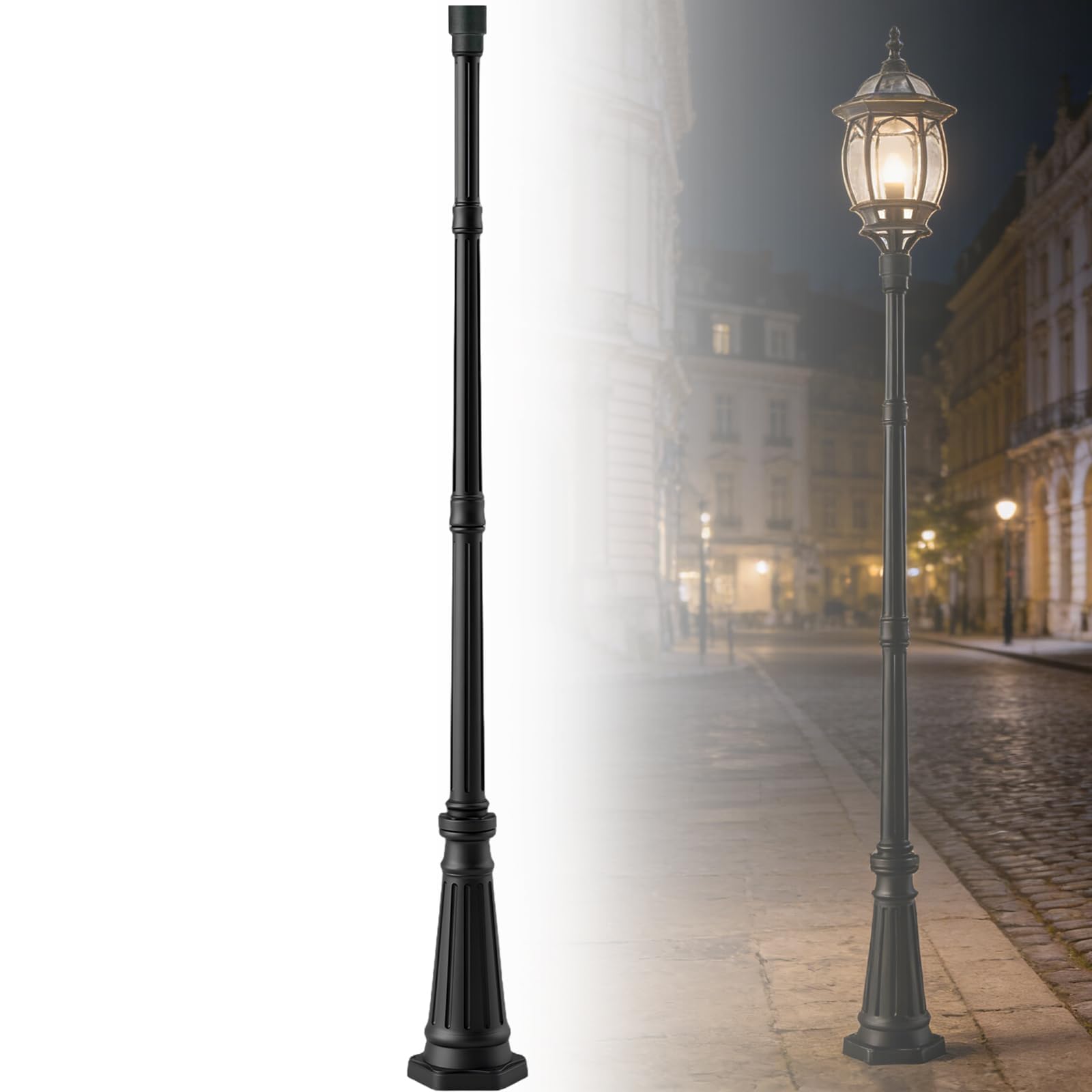 79 Black Cast Aluminum Street Light Pole, 4-Section Adjustable Lamp Post with Threaded Knob Connection & 3 Universal Adapter Cap