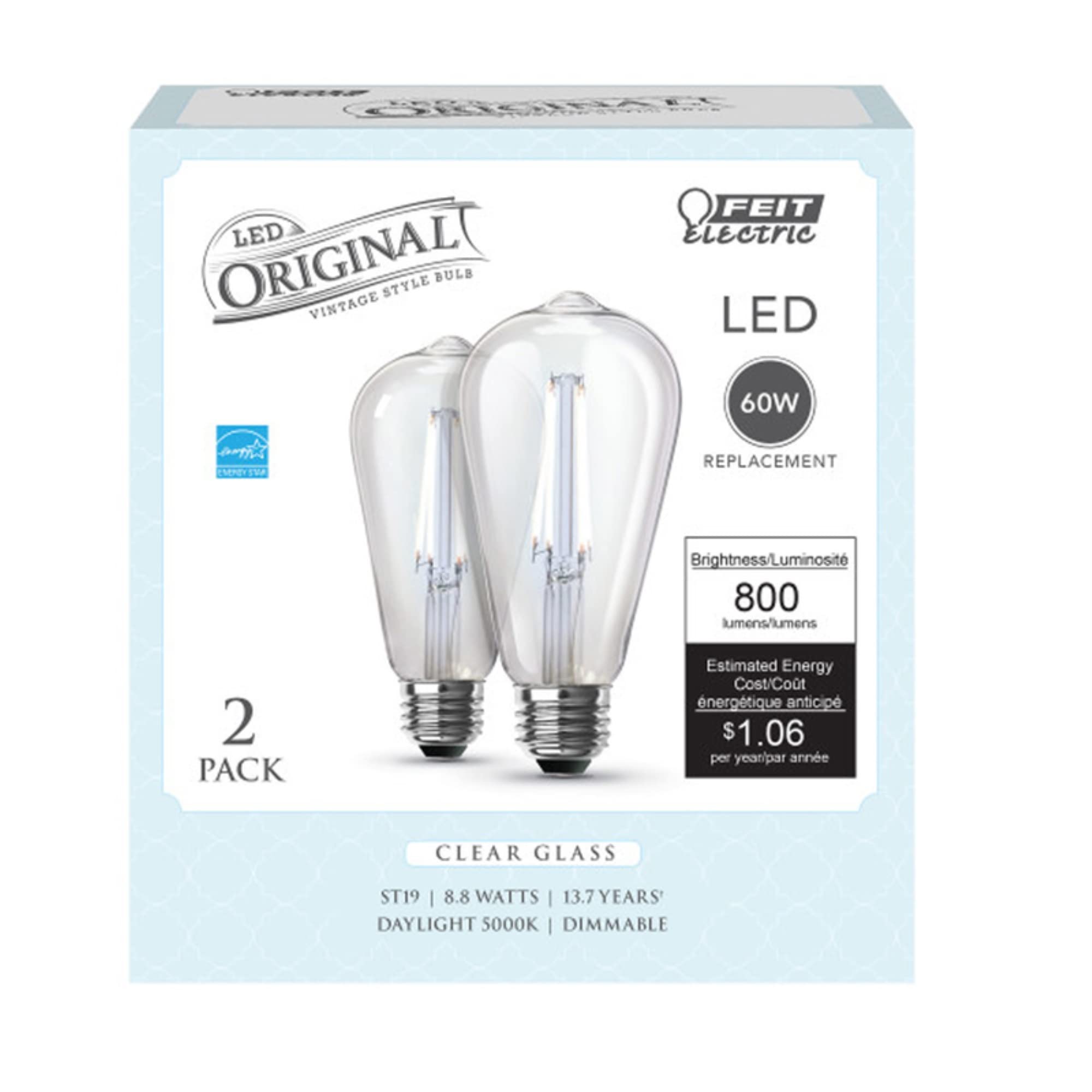 Feit Electric ST19 Filament LED Bulb 60W Equivalent 2 Pack Clear Glass