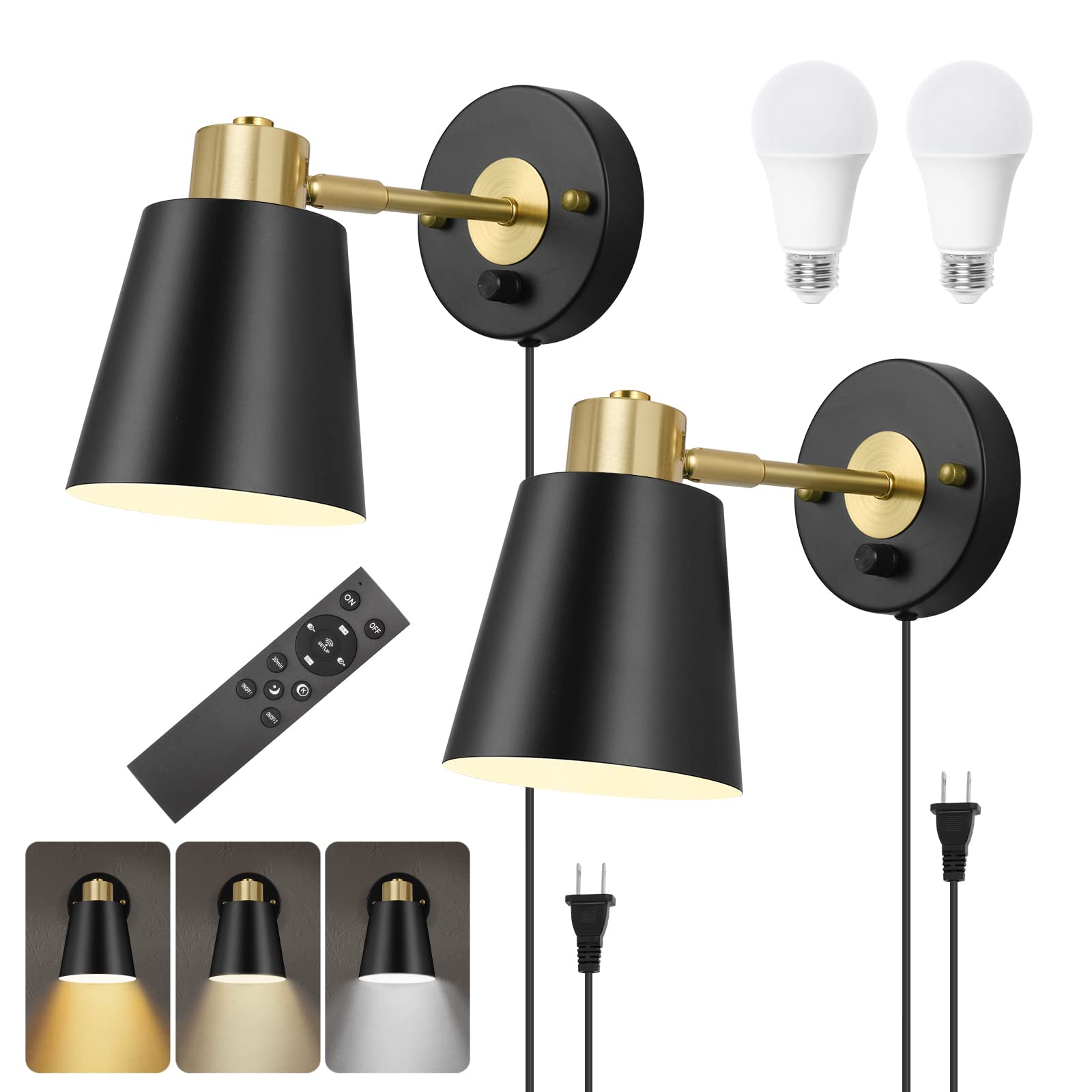 VATONI Wall Sconce Plug-in with Remote Control, Dimmable, Adjustable Color Temp 2700K-6000K, 2 Pack, Black, Model Stlamp-Blk-2