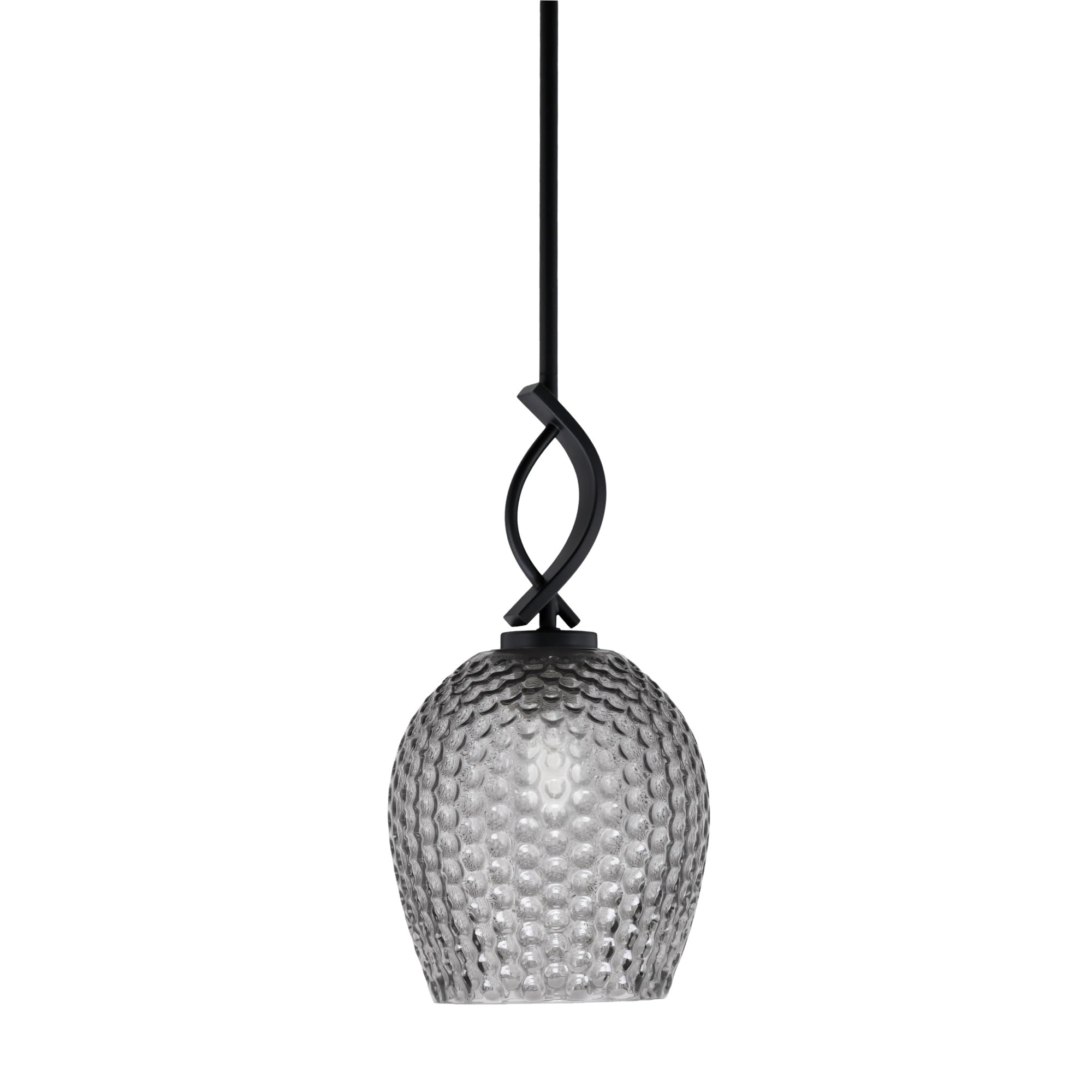 Cavella 1 Light Stem Mini Pendant Shown in Matte Black Finish with 7.5&quot; Smoke Textured Glass