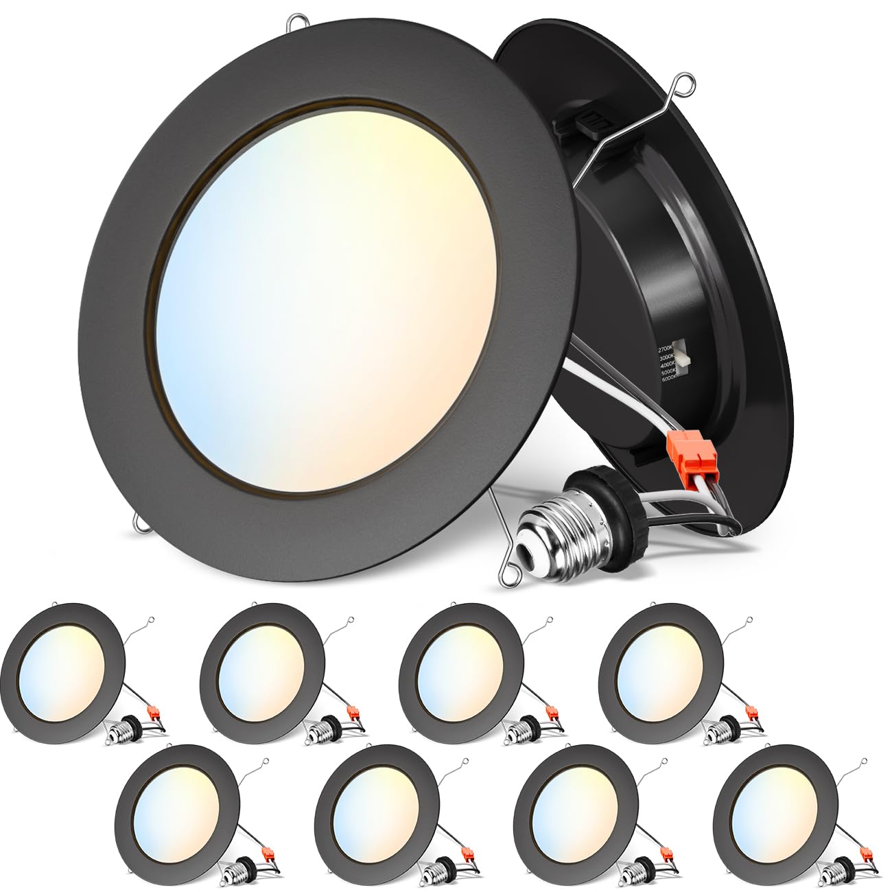 Anwio Recessed Lighting 6 Inch Black  5Cct 9W 1000Lm Flat Retrofit Led Recessed Lights Can Needs  2700/3000/4000/5000/6000K Selectable Can Lights Cri 80+ Dimmable E26 Base Ic Rated & Etl 8 Pack
