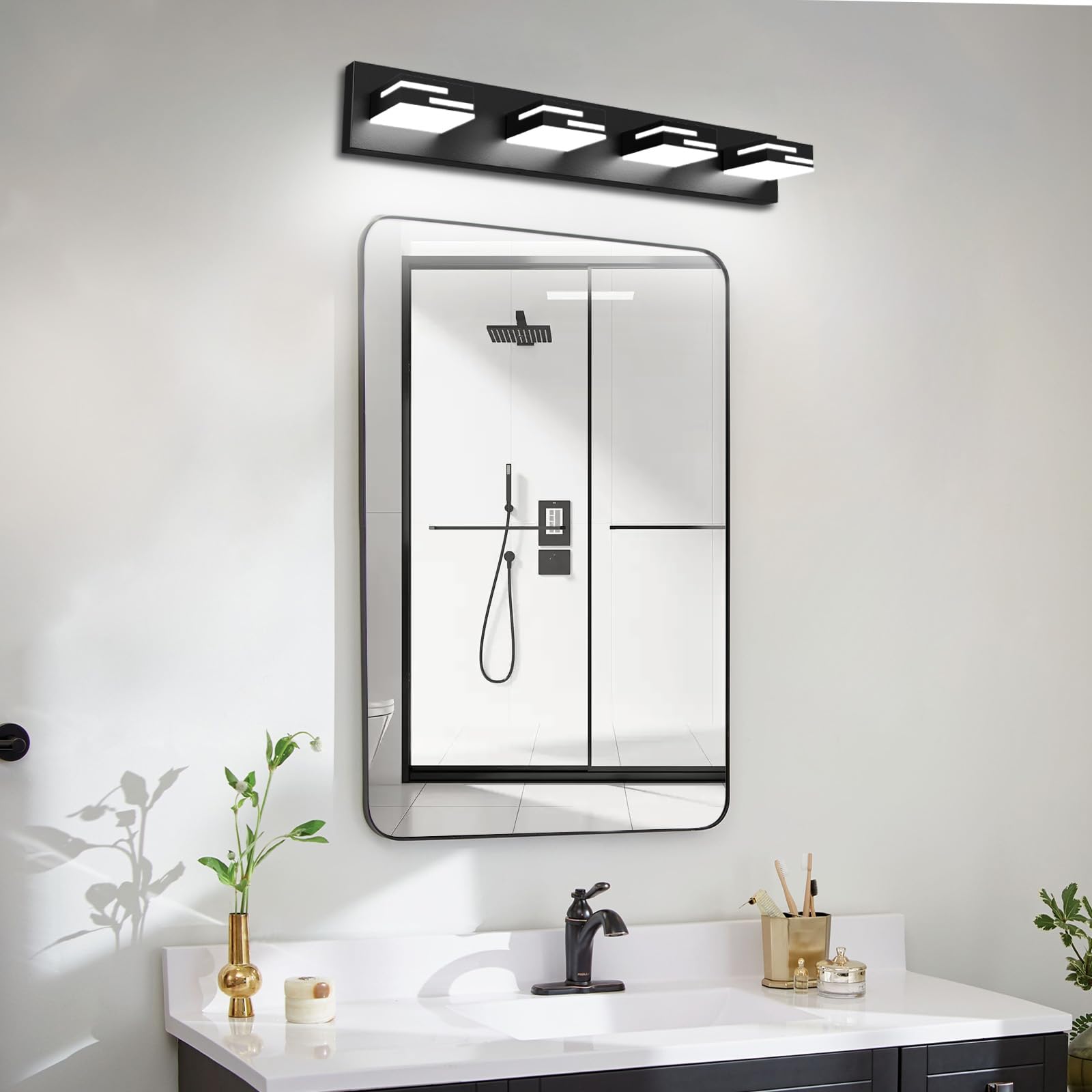 Lkhf Led Modern Bathroom Vanity Light Fixtures 4-Light 28-Inch Dimmable Matte Black Vanity Lights For Bathroom Lighting Fixtures Over Mirror  With 350?Rotatable Acrylic Heads (Cool White 6000K)