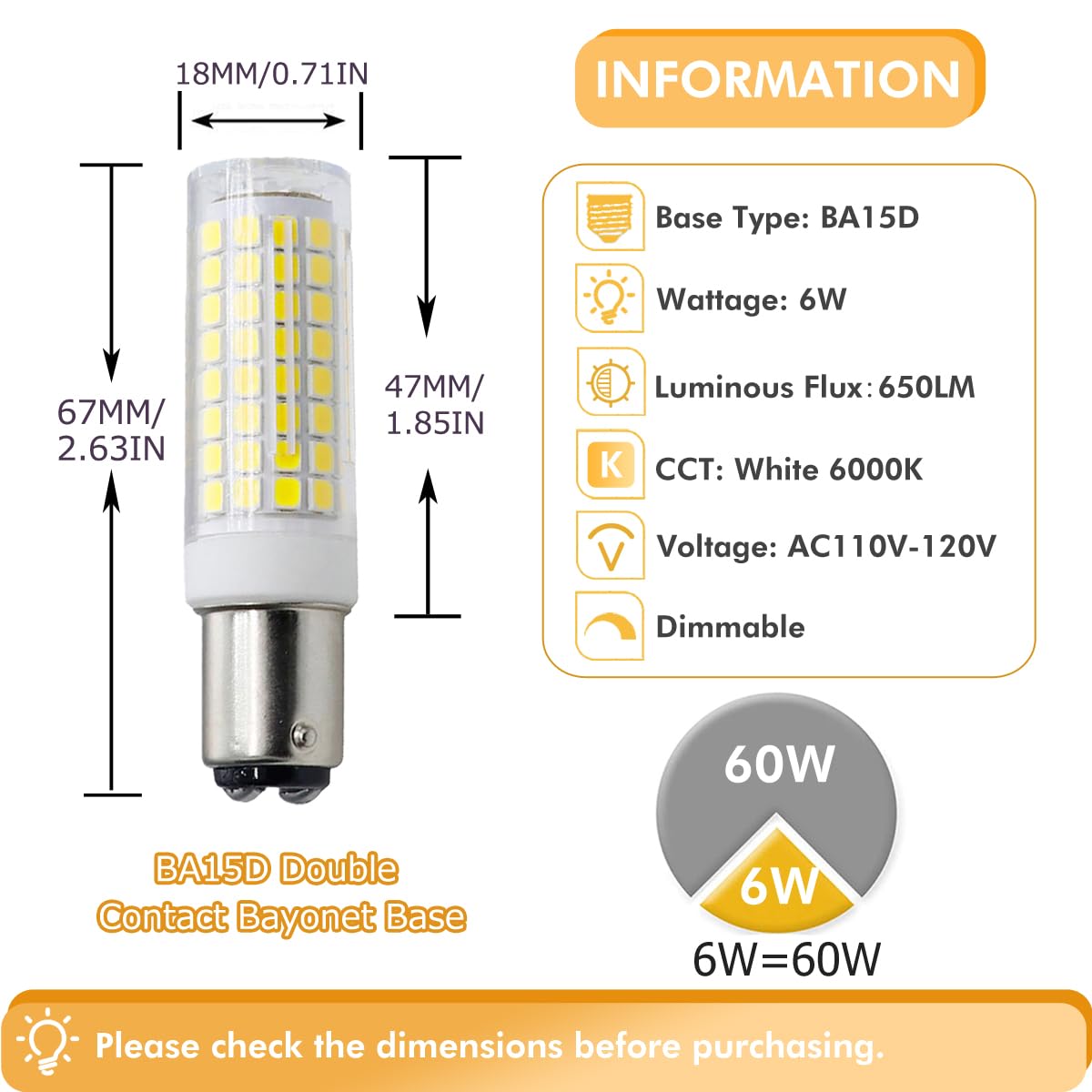 ZSSXOLED BA15D LED Bulb 6W Dimmable 120V White 6000K for Sewing Machine & Pendant Light (Pack of 2)