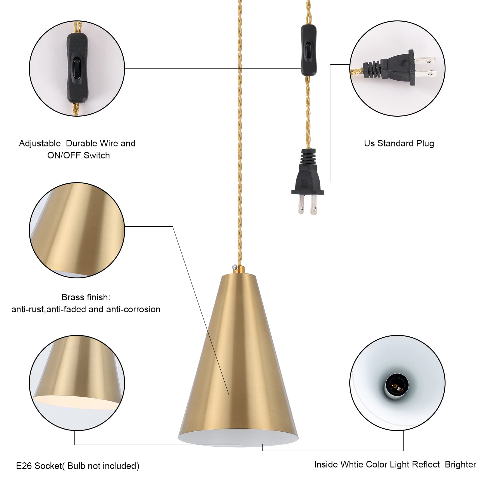 Dijiahua Gold Plug In Pendant Light - Modern Mini Brass Fixture with On/Off Switch for Kitchen Island and Bedroom, Model P-JDH049