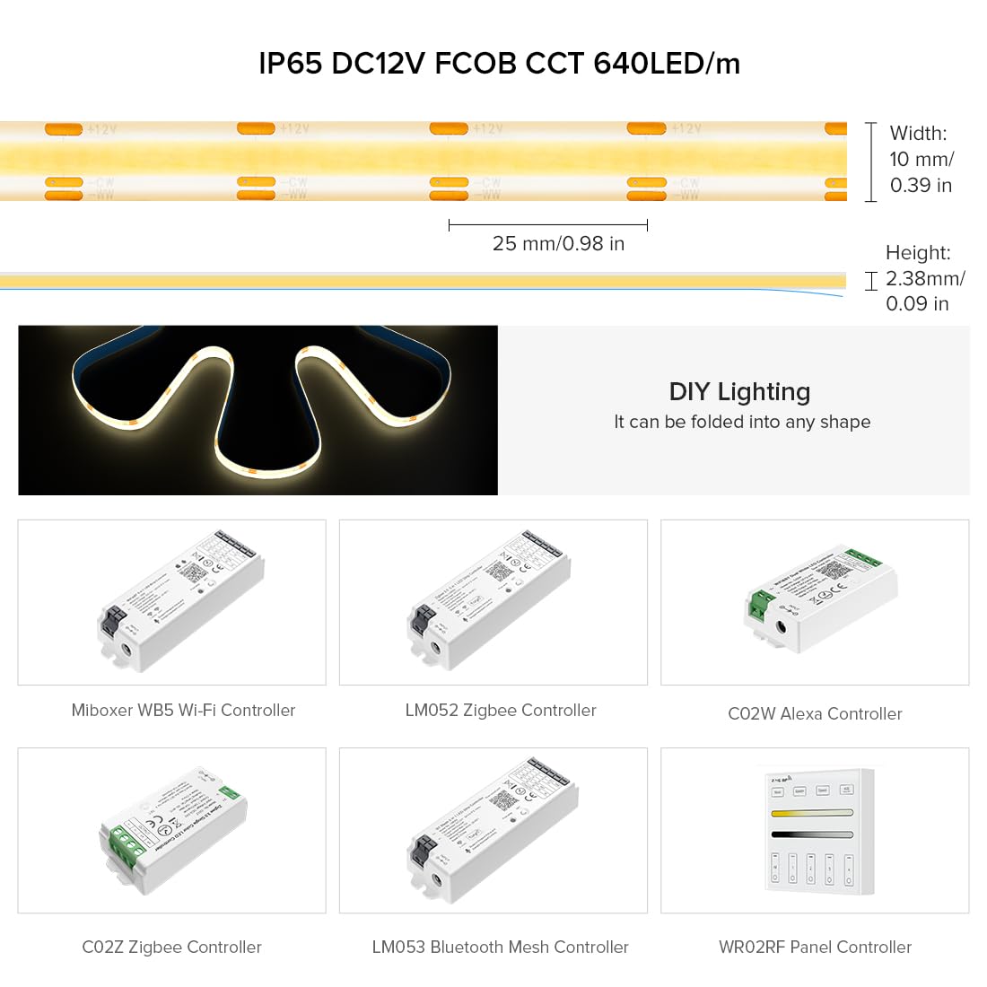 BTF-LIGHTING COB LED Strip Light 16.4FT IP65 Flexible Tunable 3000K-6000K CRI 90+ DC12V
